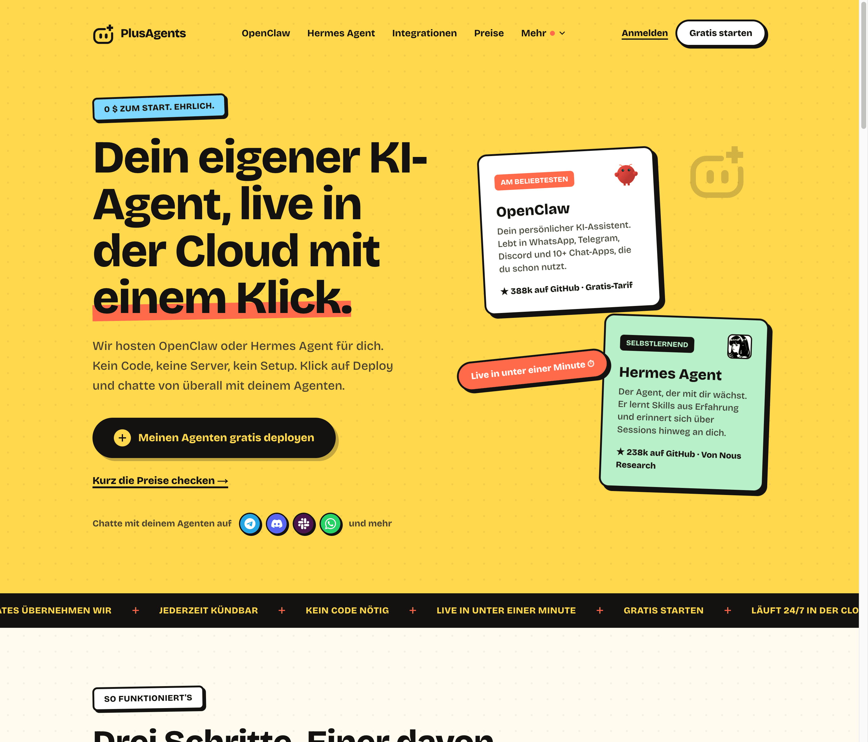 PlusAgents-Homepage: OpenClaw oder Hermes Agent mit einem Klick deployen