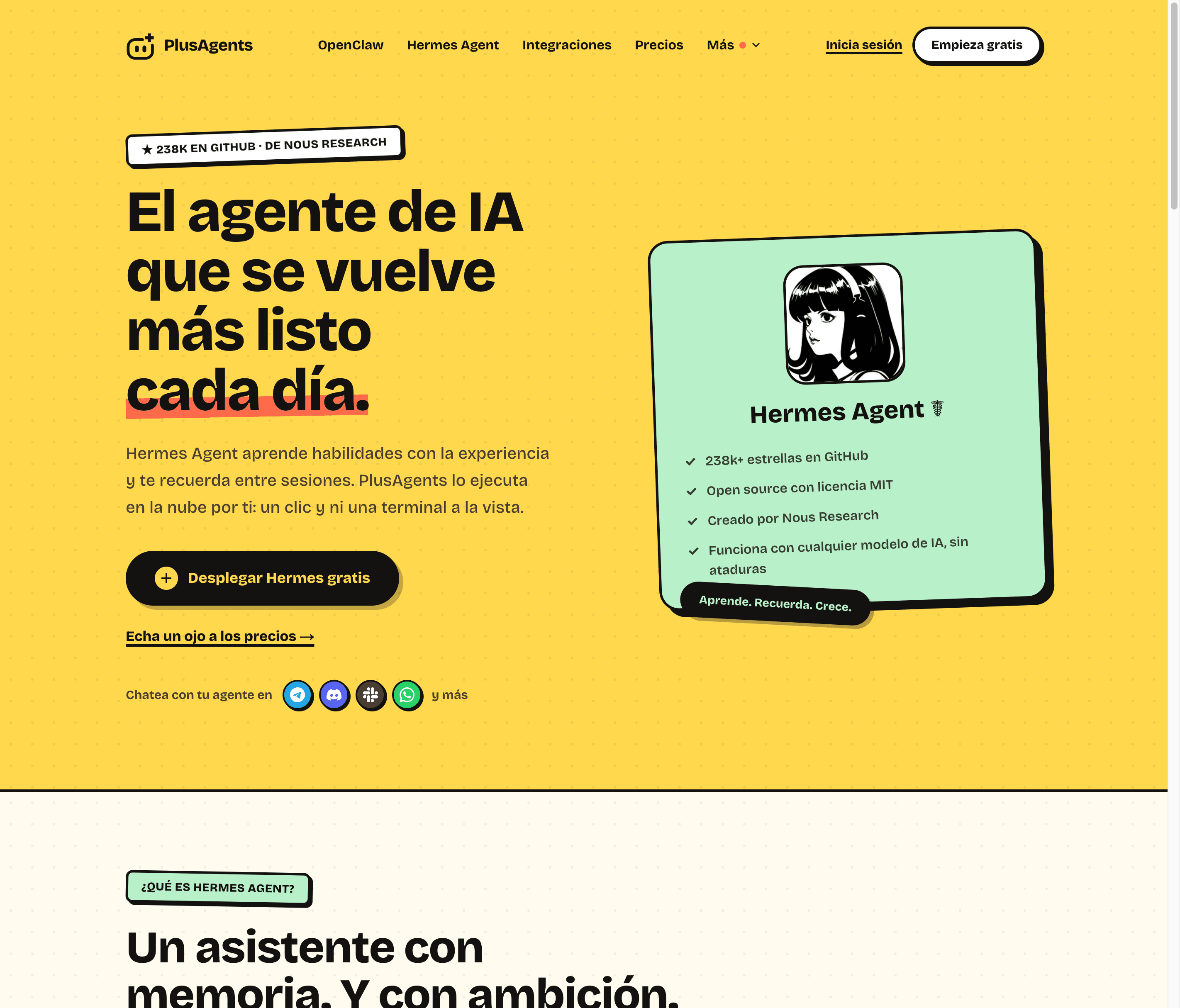 Página de Hermes Agent en PlusAgents: el agente de IA que se vuelve más listo cada día