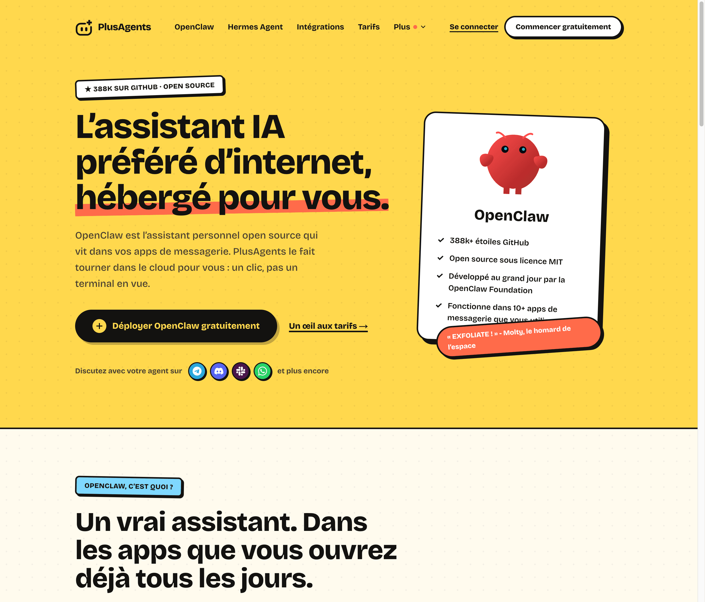 La page OpenClaw de PlusAgents : l’assistant IA préféré d’internet, hébergé pour vous