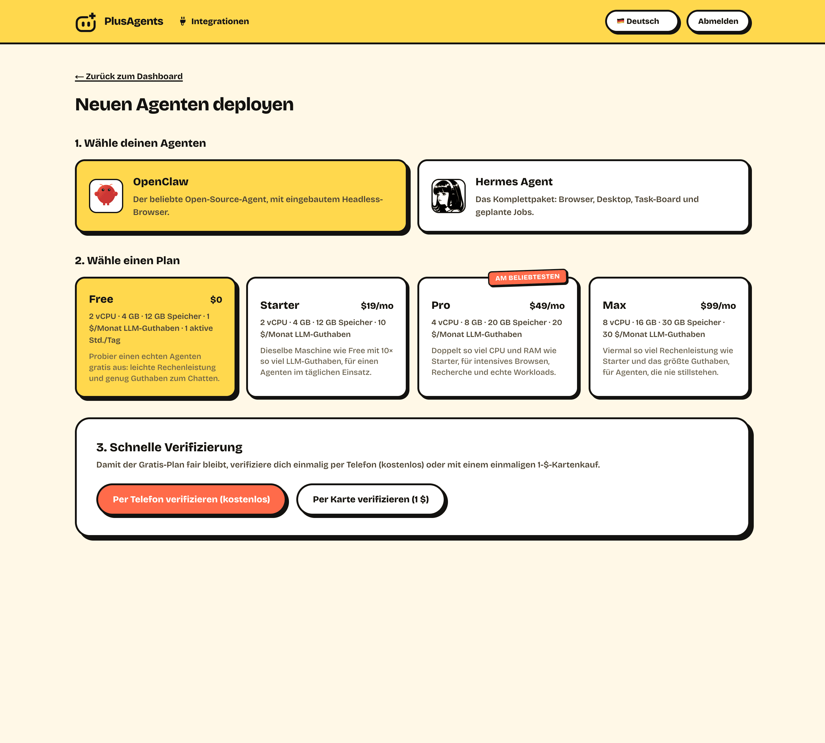 PlusAgents-Dashboard: ein neuer OpenClaw-Agent wird deployt