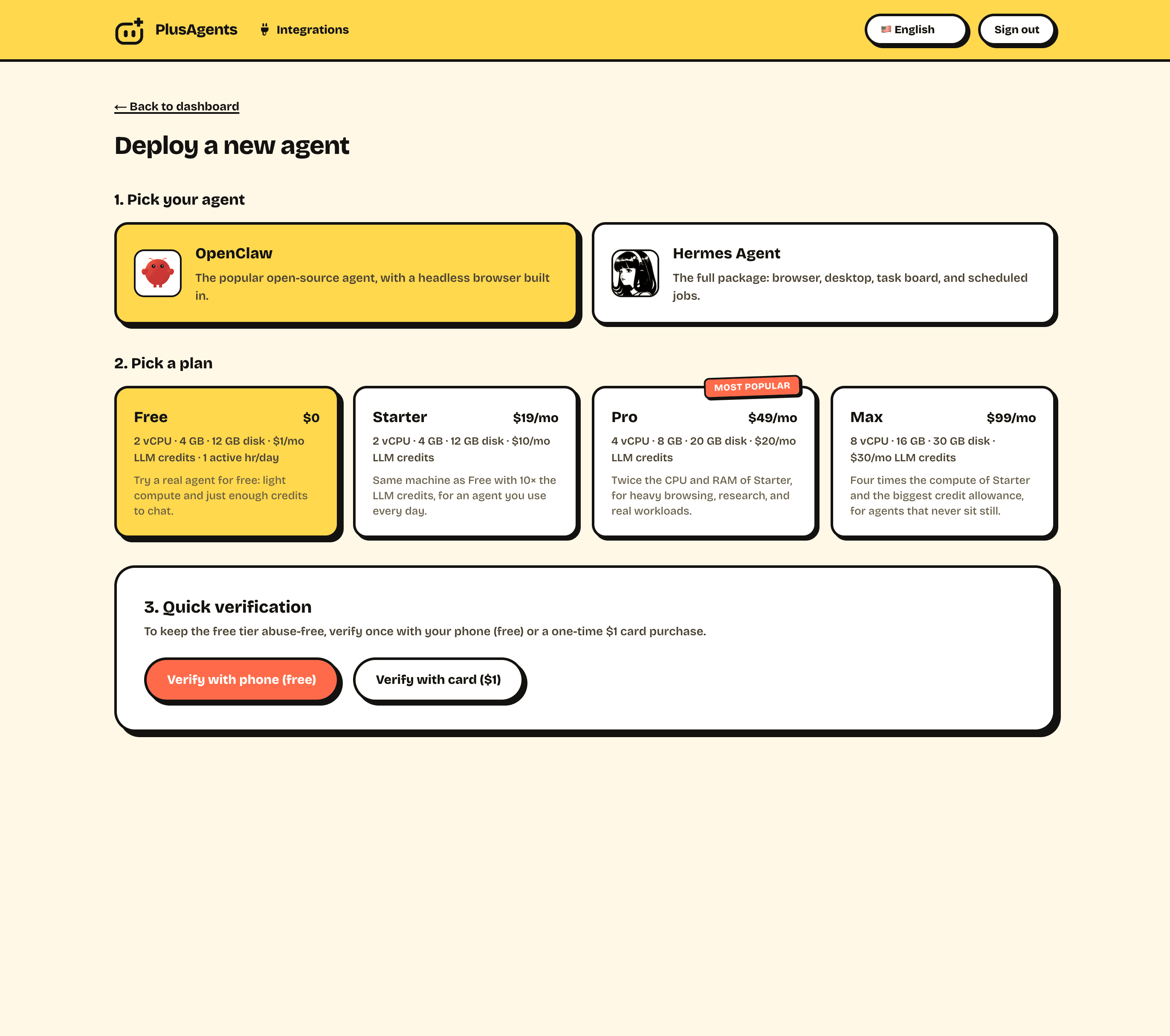 PlusAgents dashboard: deploying a new OpenClaw agent