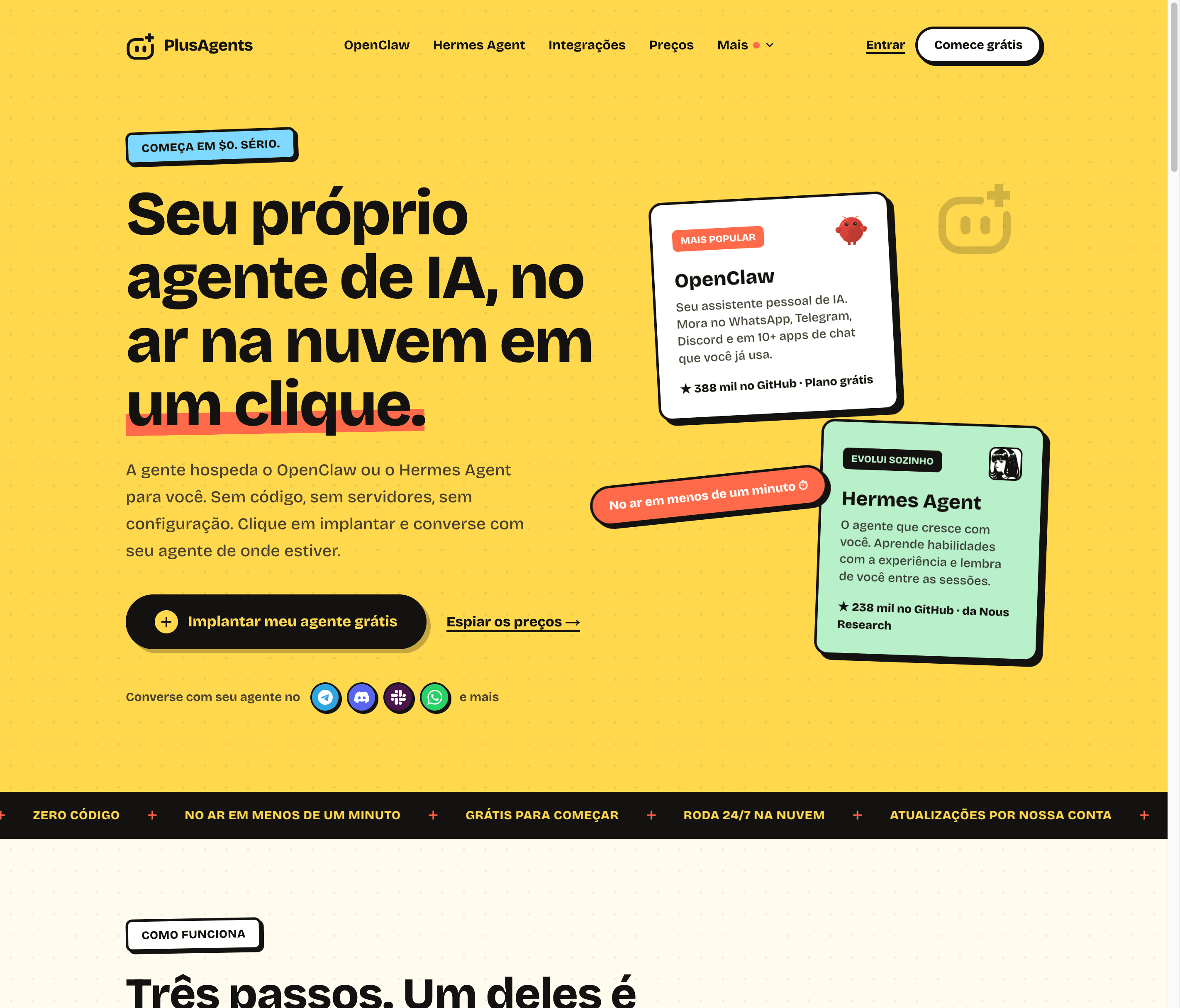 Página inicial da PlusAgents: implante o OpenClaw ou o Hermes Agent em um clique