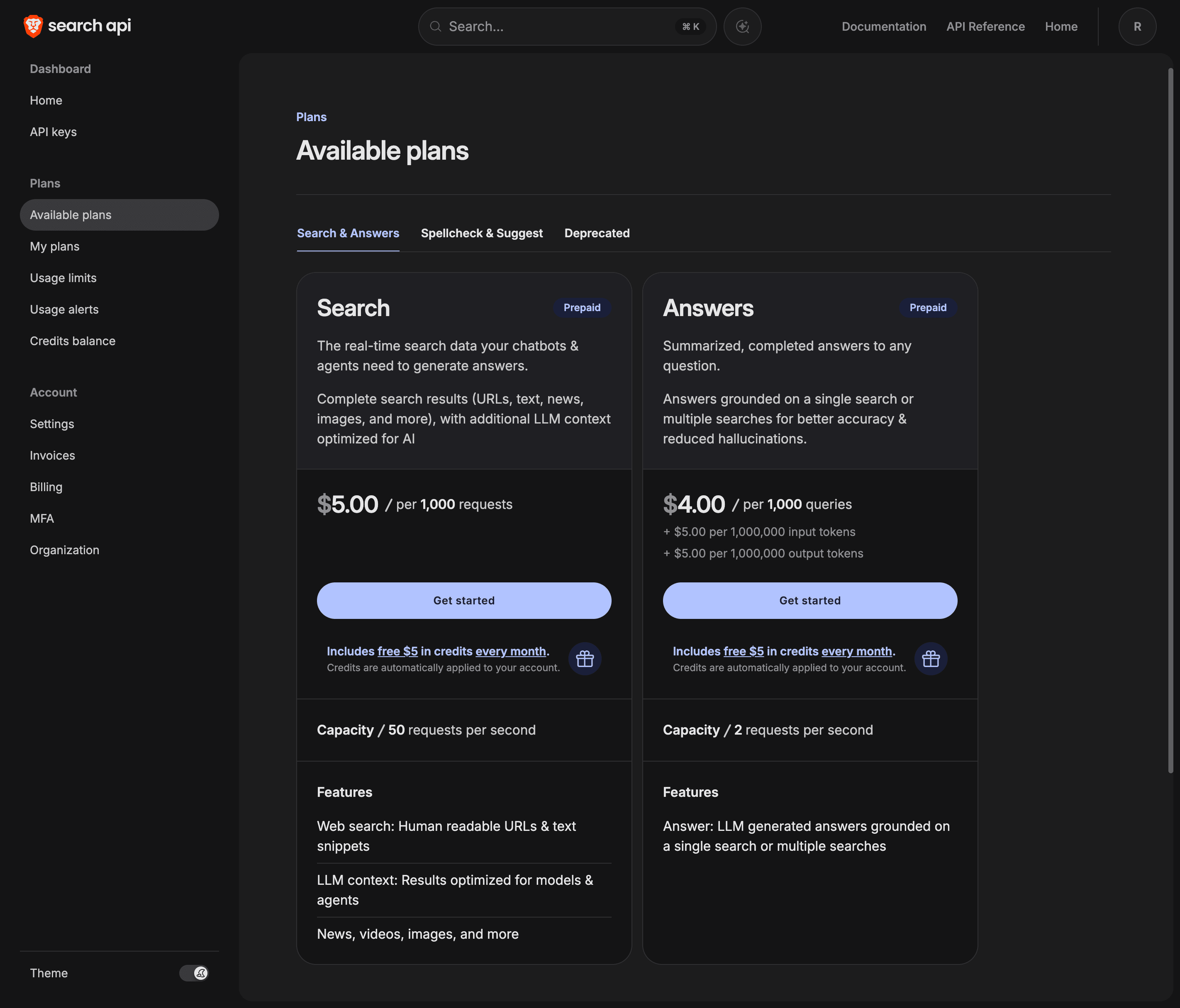Painel da API do Brave Search mostrando a assinatura do plano Search