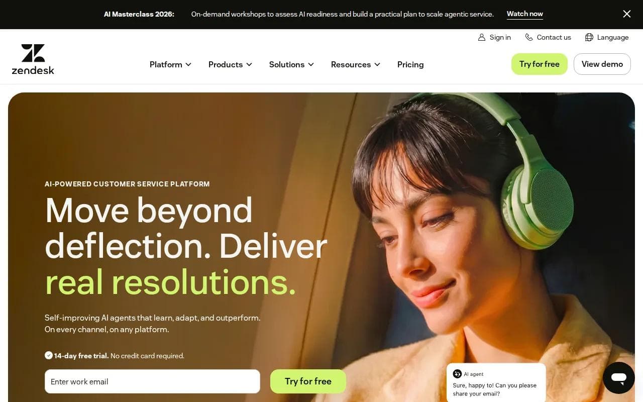 Screenshot of the Zendesk website