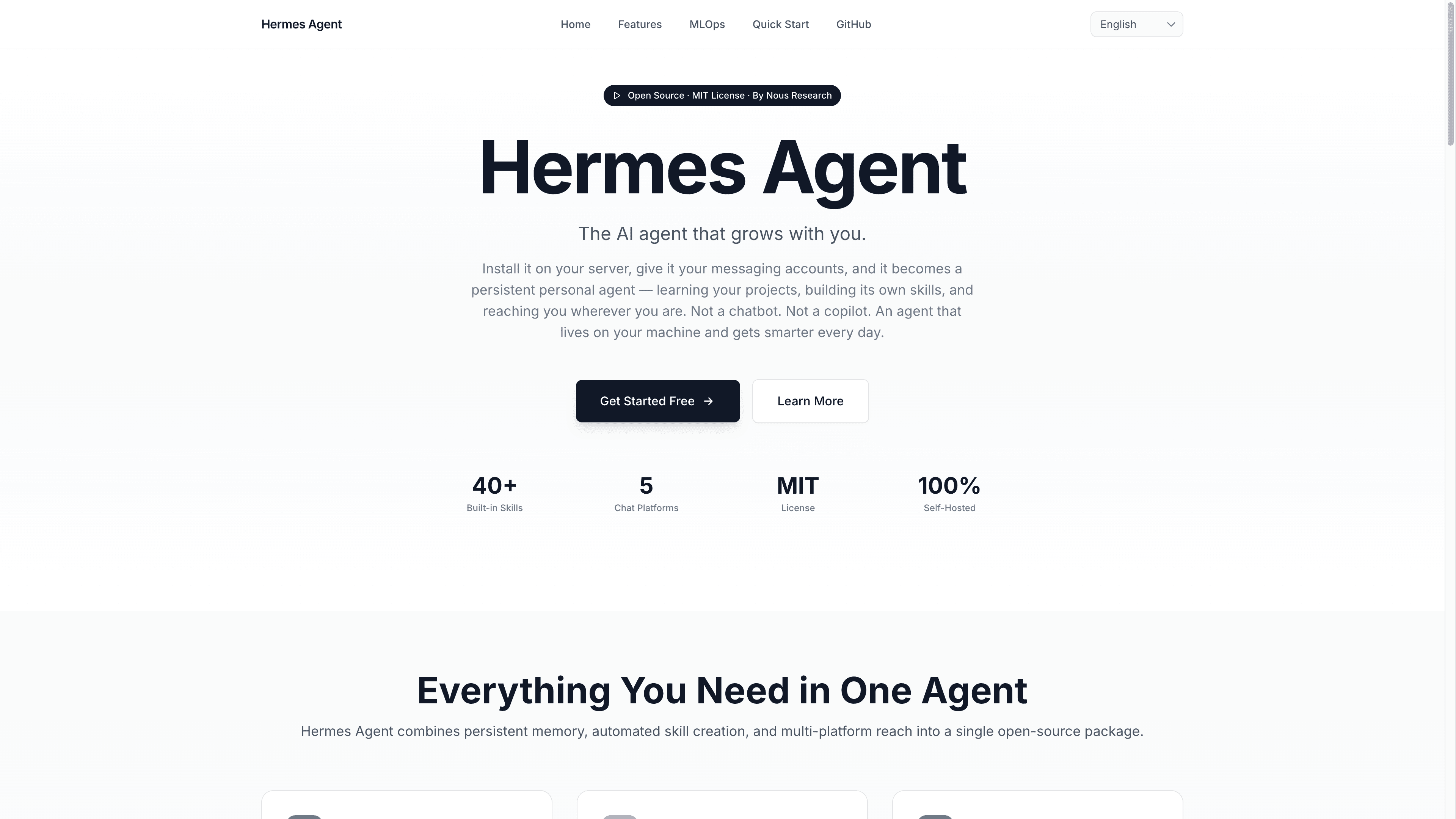 Hermes Agent homepage: the AI agent that grows with you