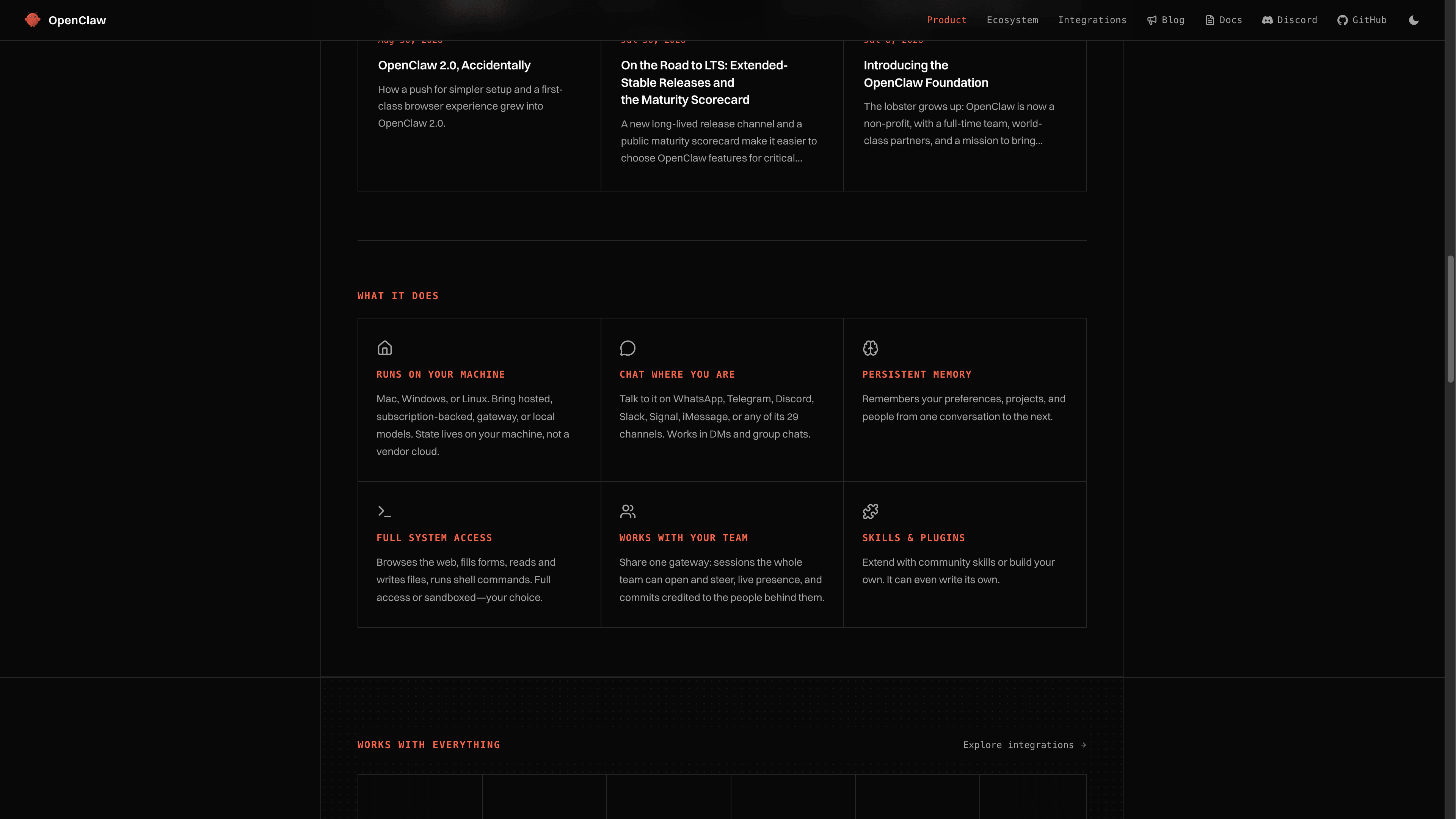 OpenClaw features: chat where you are, persistent memory, full system access