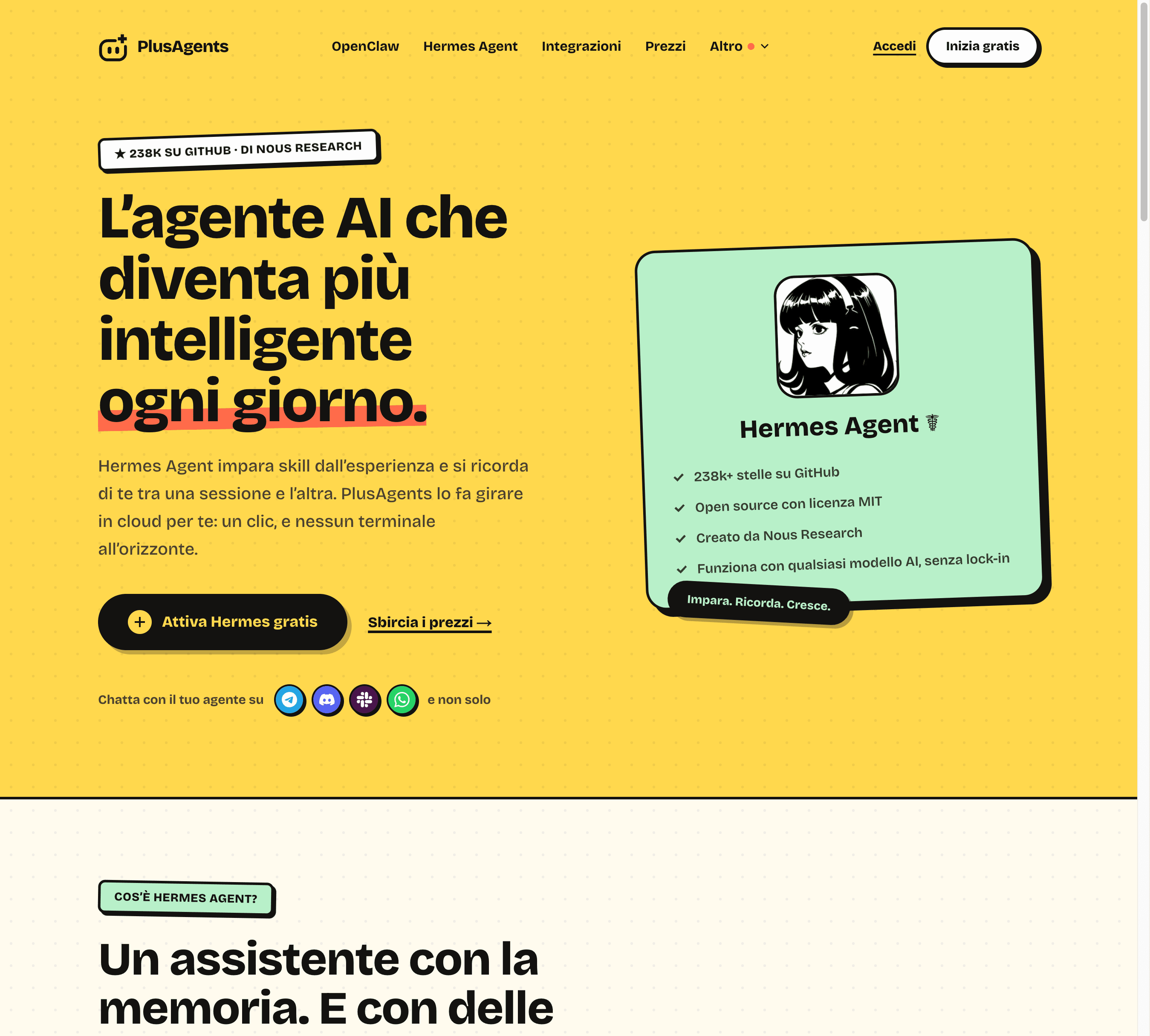 La pagina di hosting Hermes Agent su PlusAgents