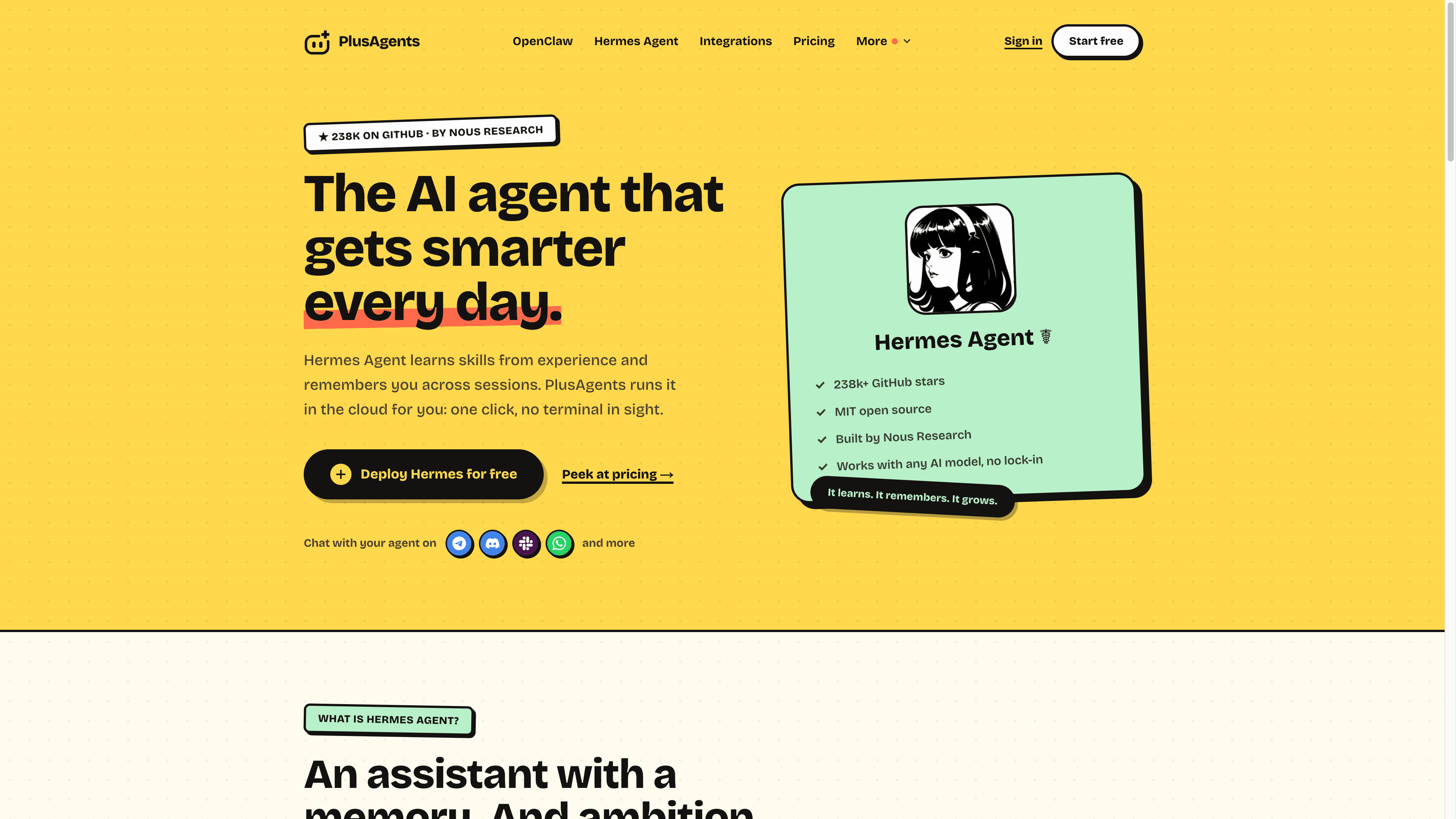 PlusAgents Hermes Agent hosting page
