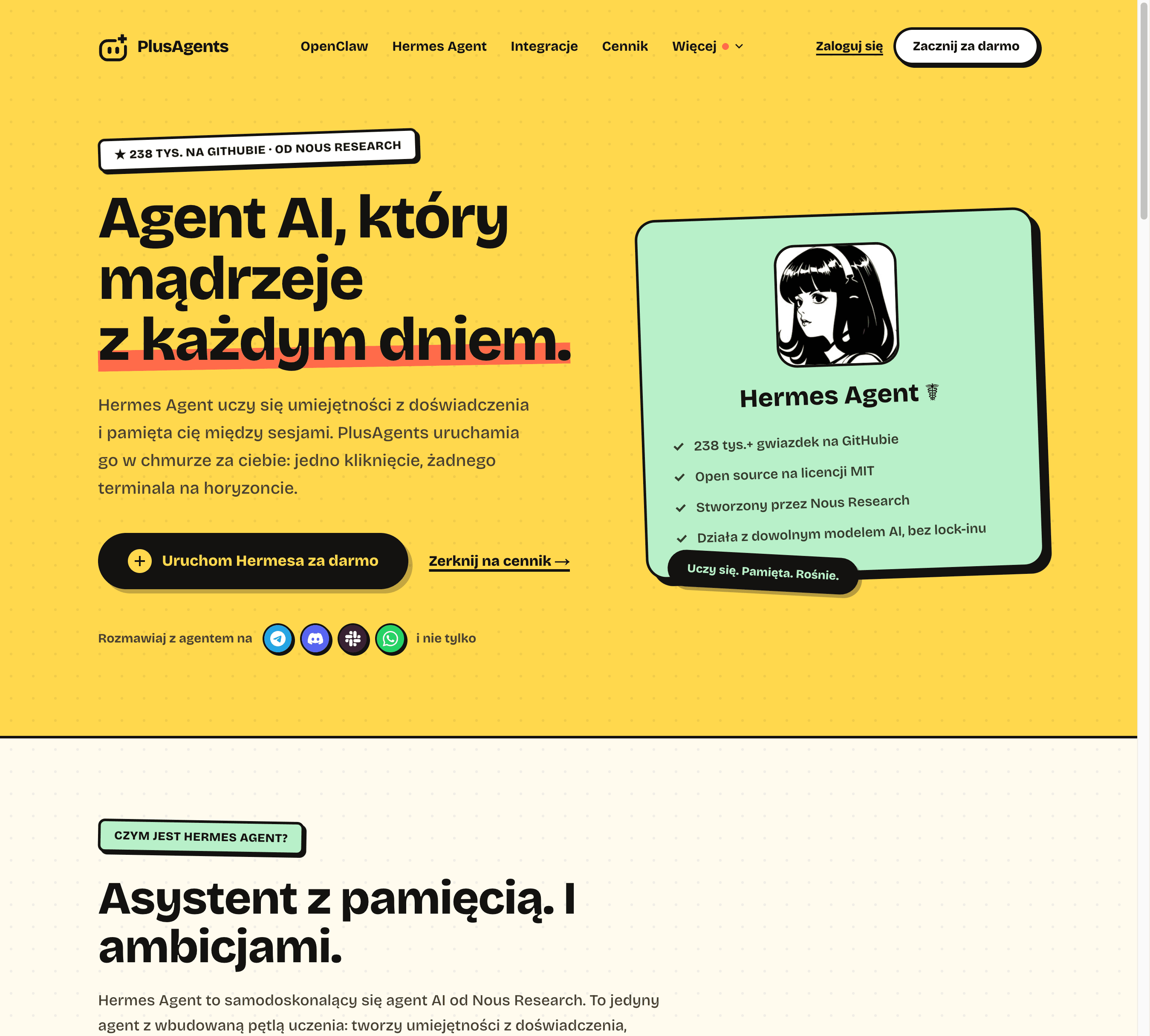 Strona Hermes Agent na PlusAgents: agent AI, który mądrzeje z każdym dniem