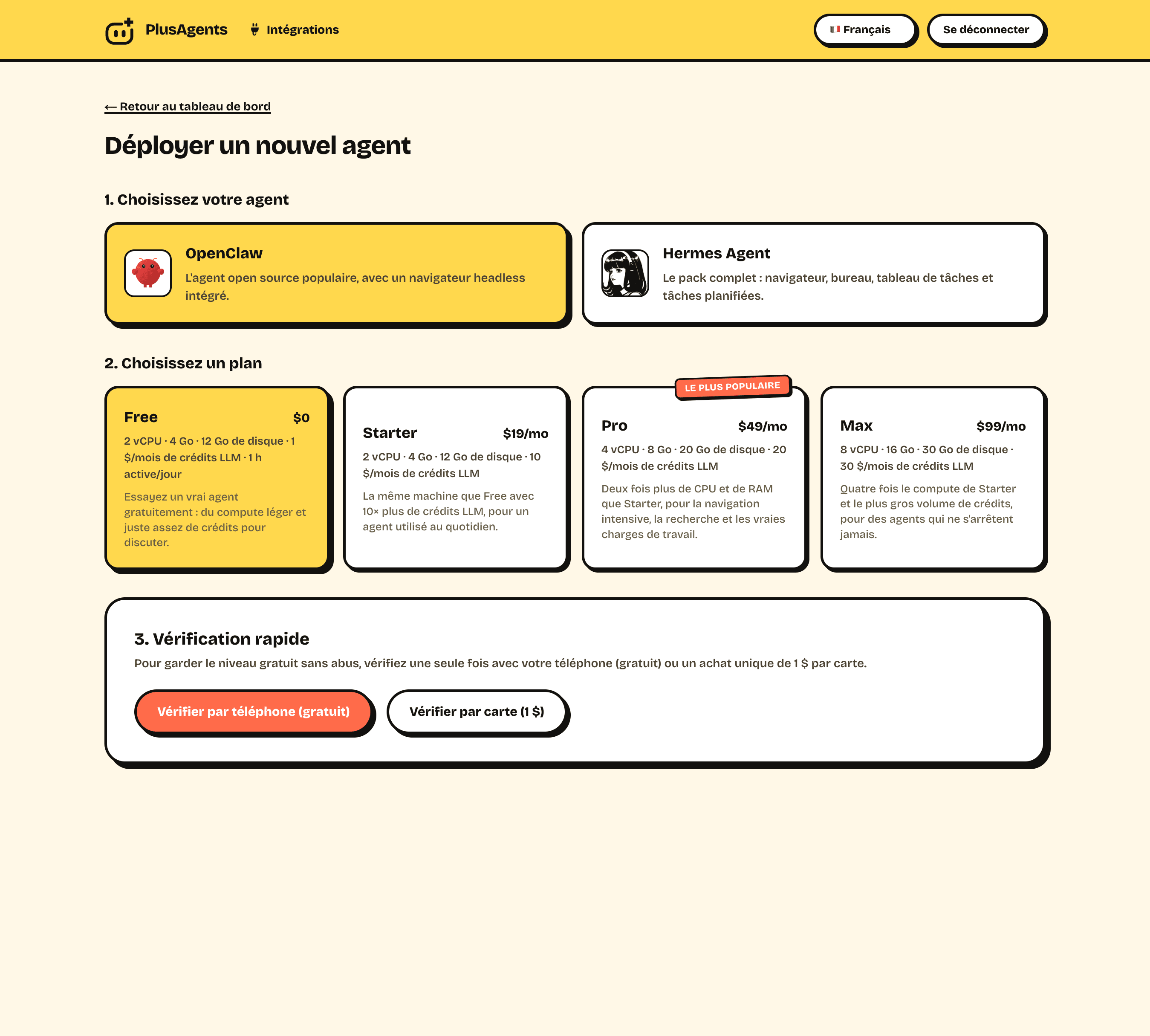 Le tableau de bord PlusAgents : déploiement d’un nouvel agent OpenClaw