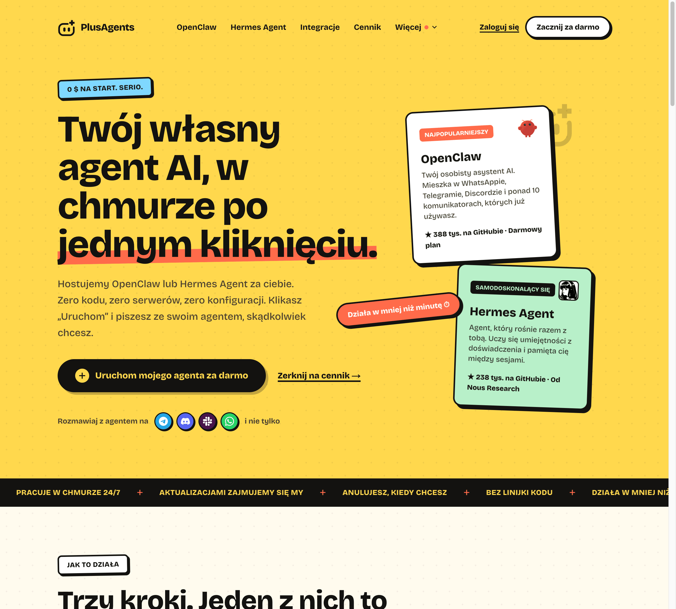Strona główna PlusAgents: uruchom OpenClaw lub Hermes Agent jednym kliknięciem