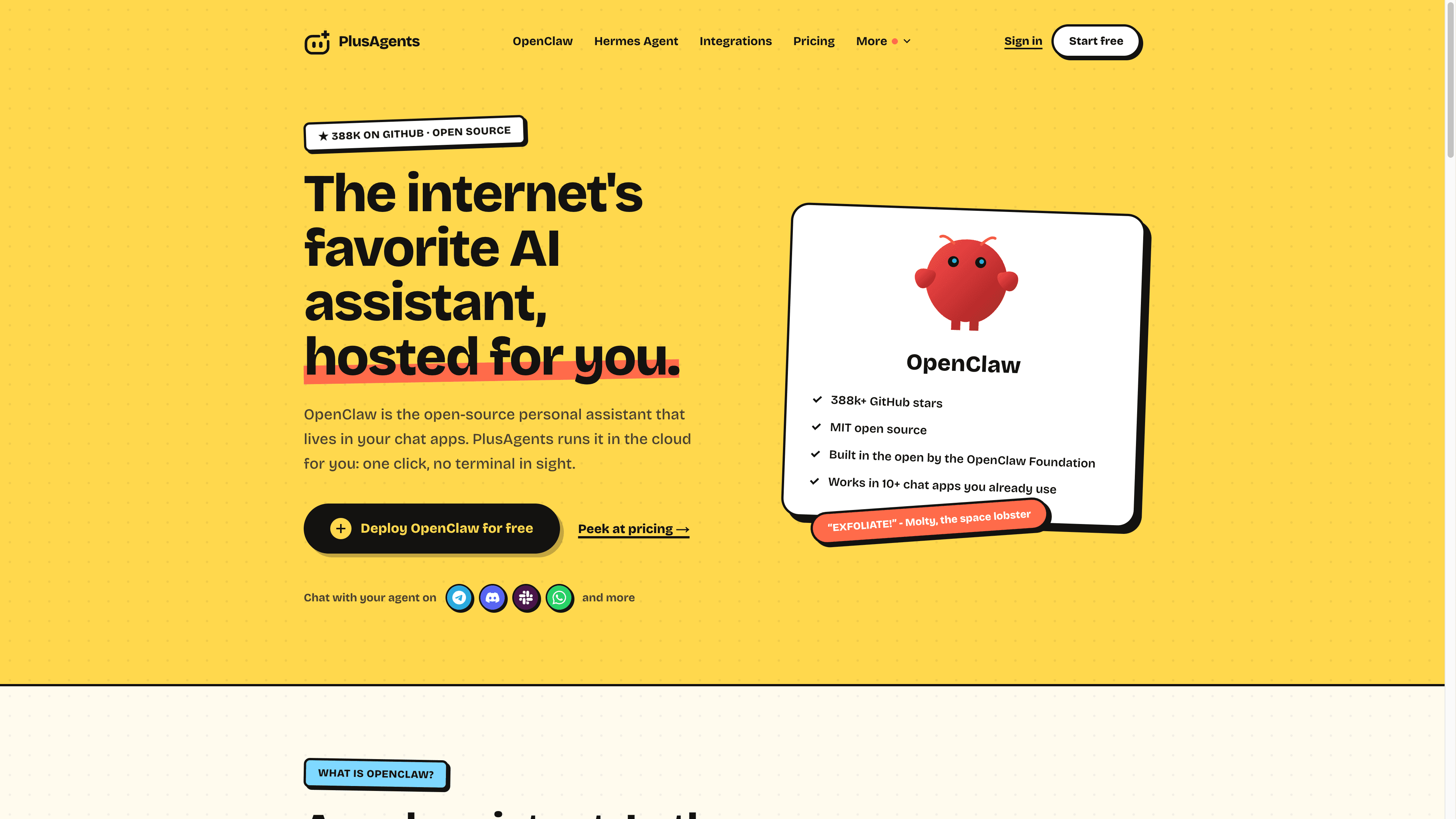 PlusAgents OpenClaw page: the internet's favorite AI assistant, hosted for you