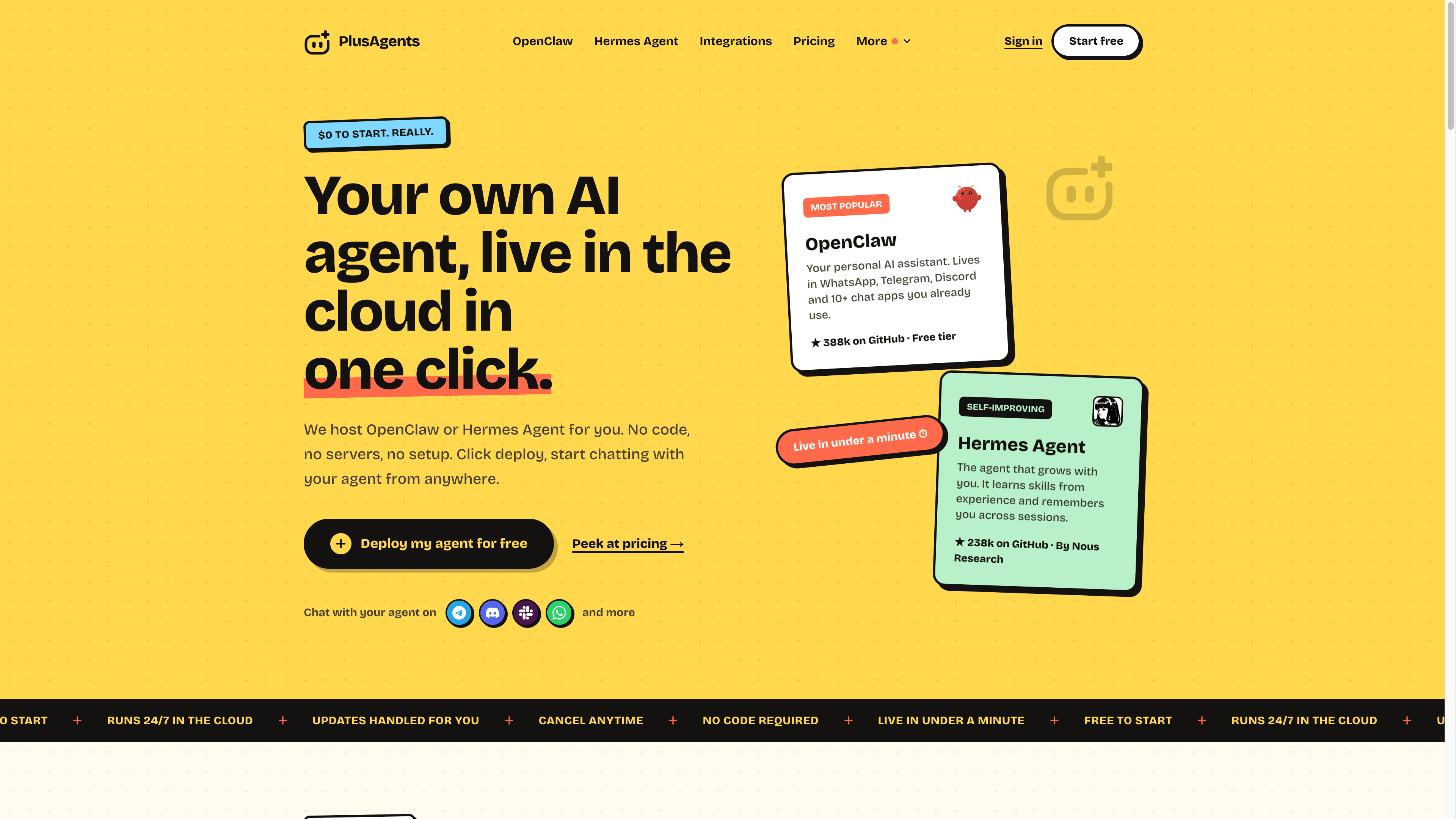 PlusAgents homepage: deploy OpenClaw or Hermes Agent in one click