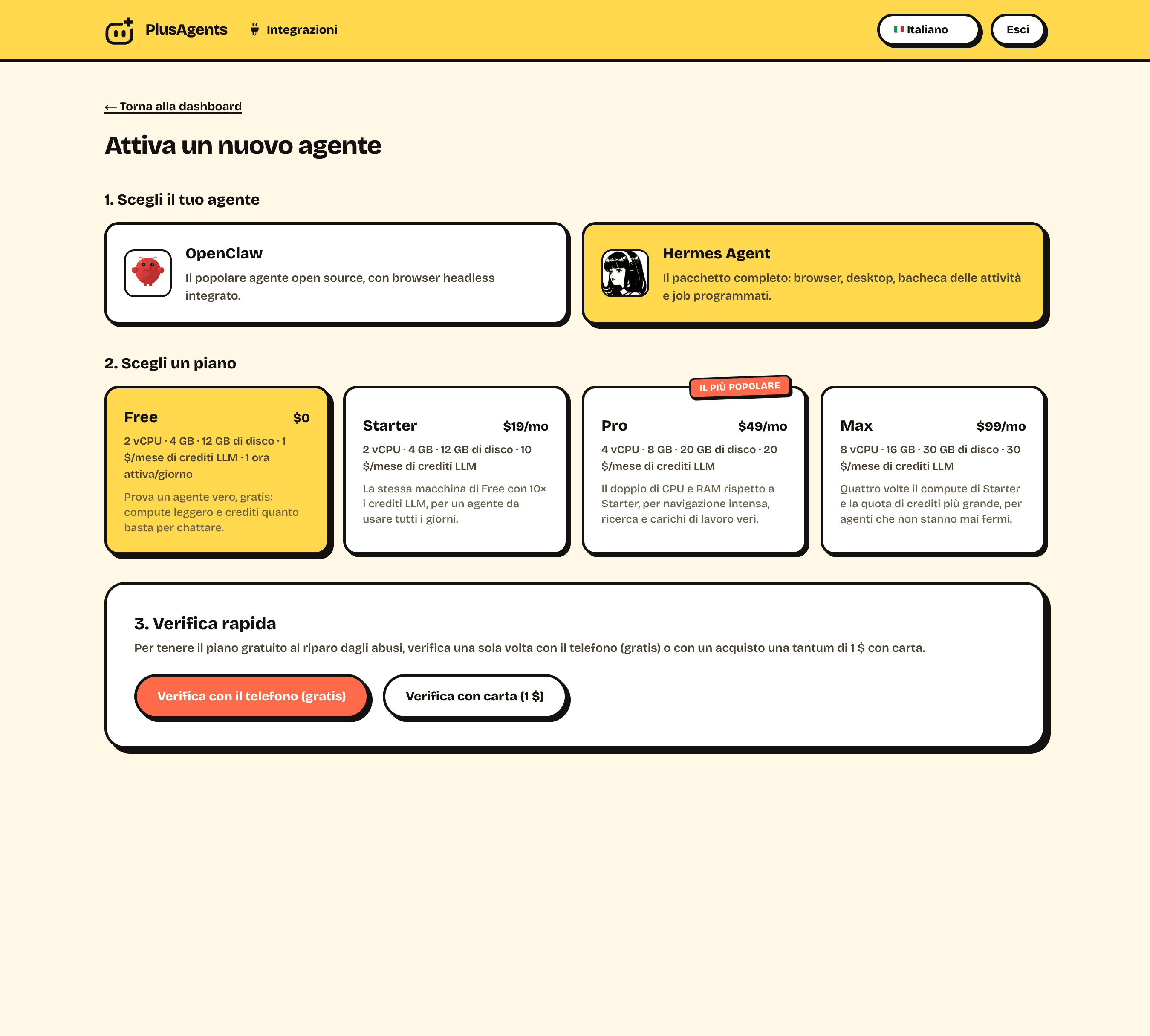 La dashboard di PlusAgents durante il deploy di un nuovo Hermes Agent