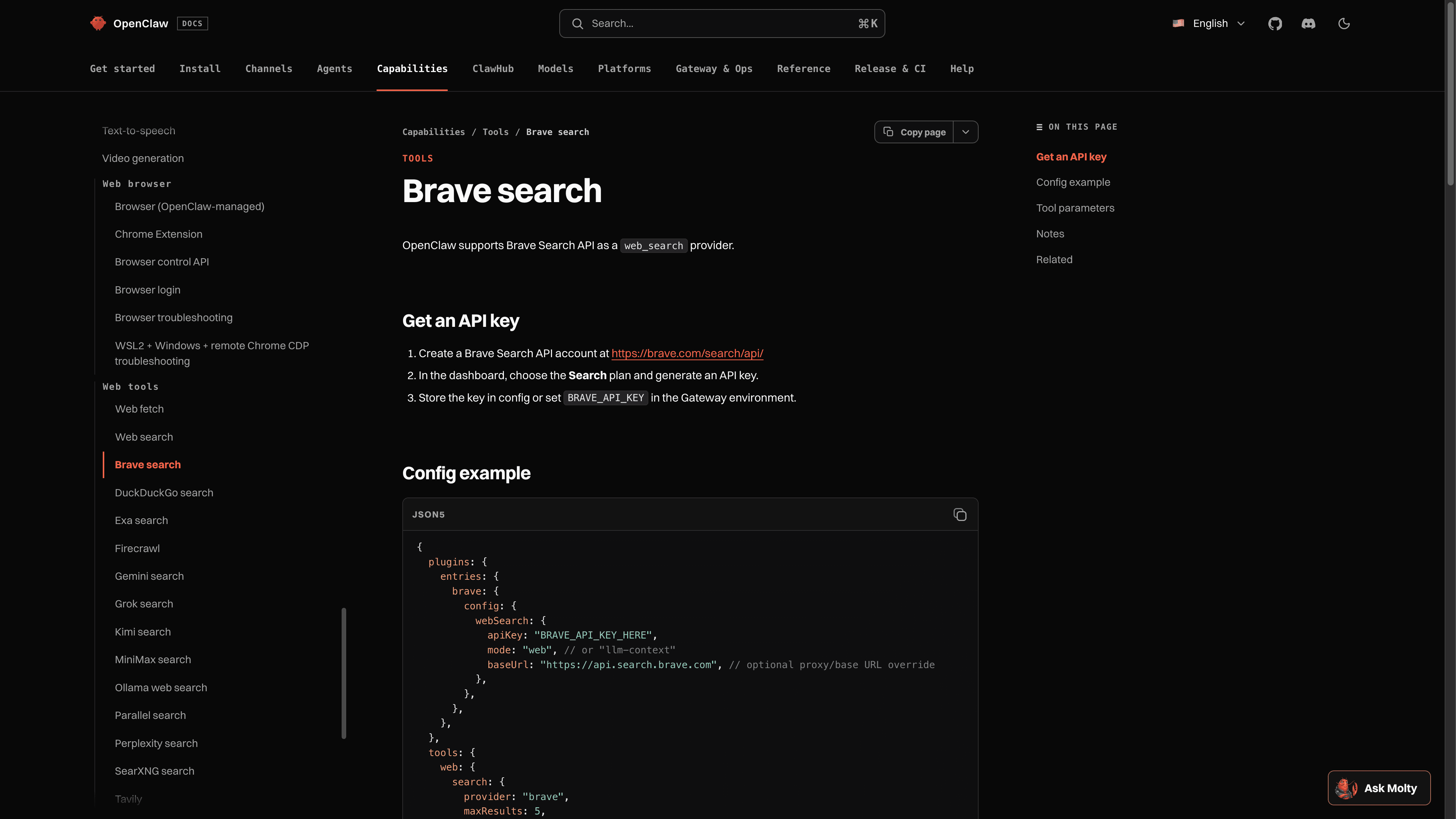 A página oficial da documentação do OpenClaw para o provedor Brave Search