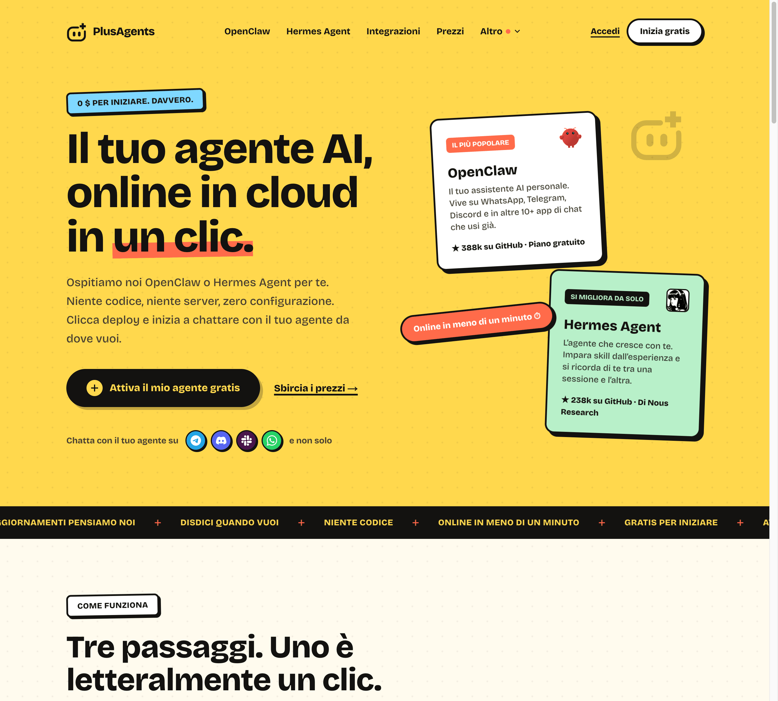 La homepage di PlusAgents: attiva OpenClaw o Hermes Agent in un clic