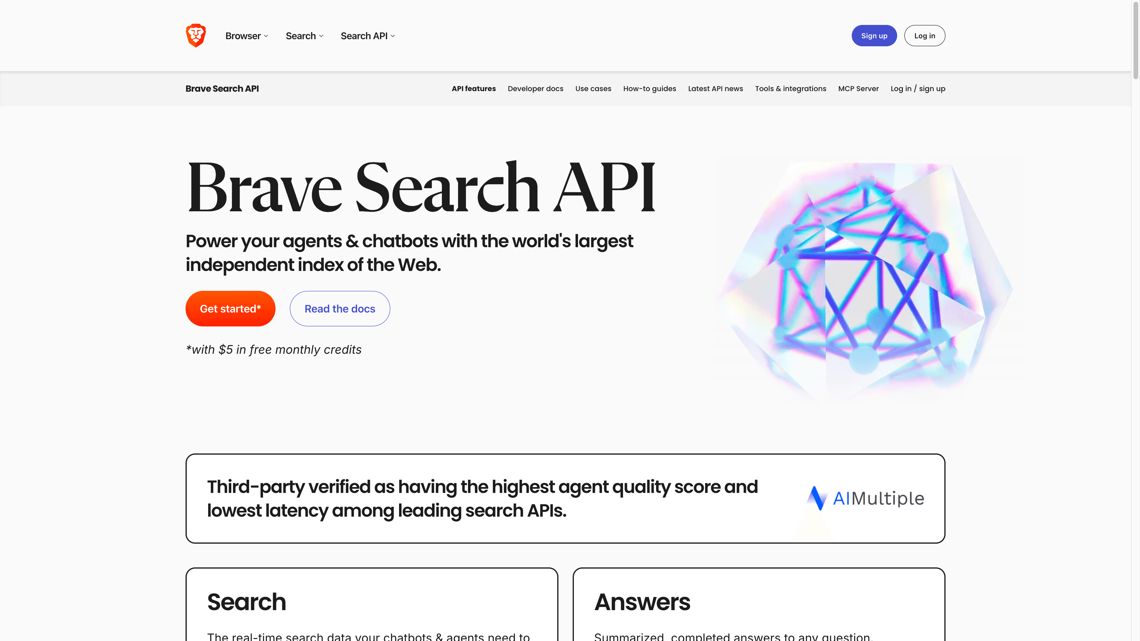 Página inicial da API do Brave Search: alimente seus agentes e chatbots com o maior índice independente da web do mundo