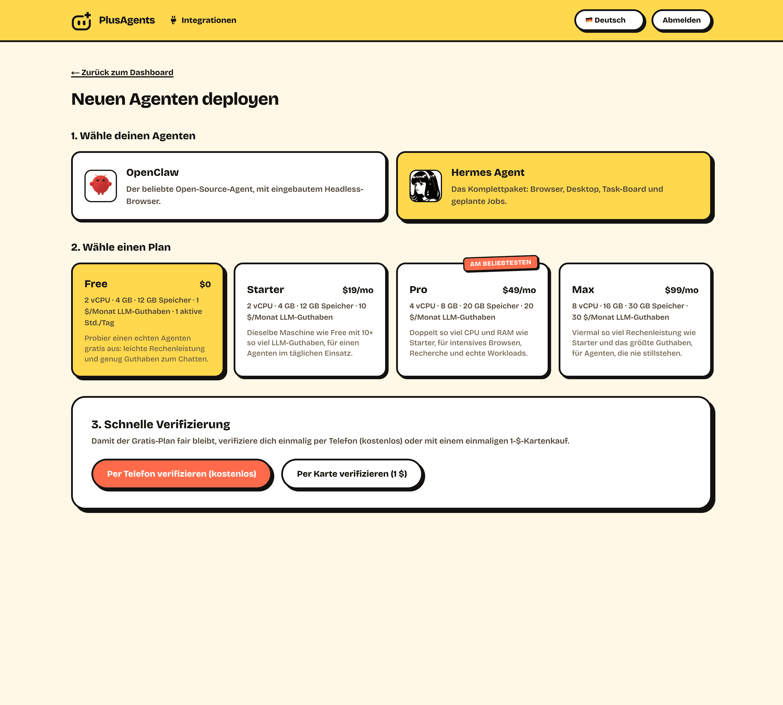 PlusAgents-Dashboard: ein neuer Hermes Agent wird deployt