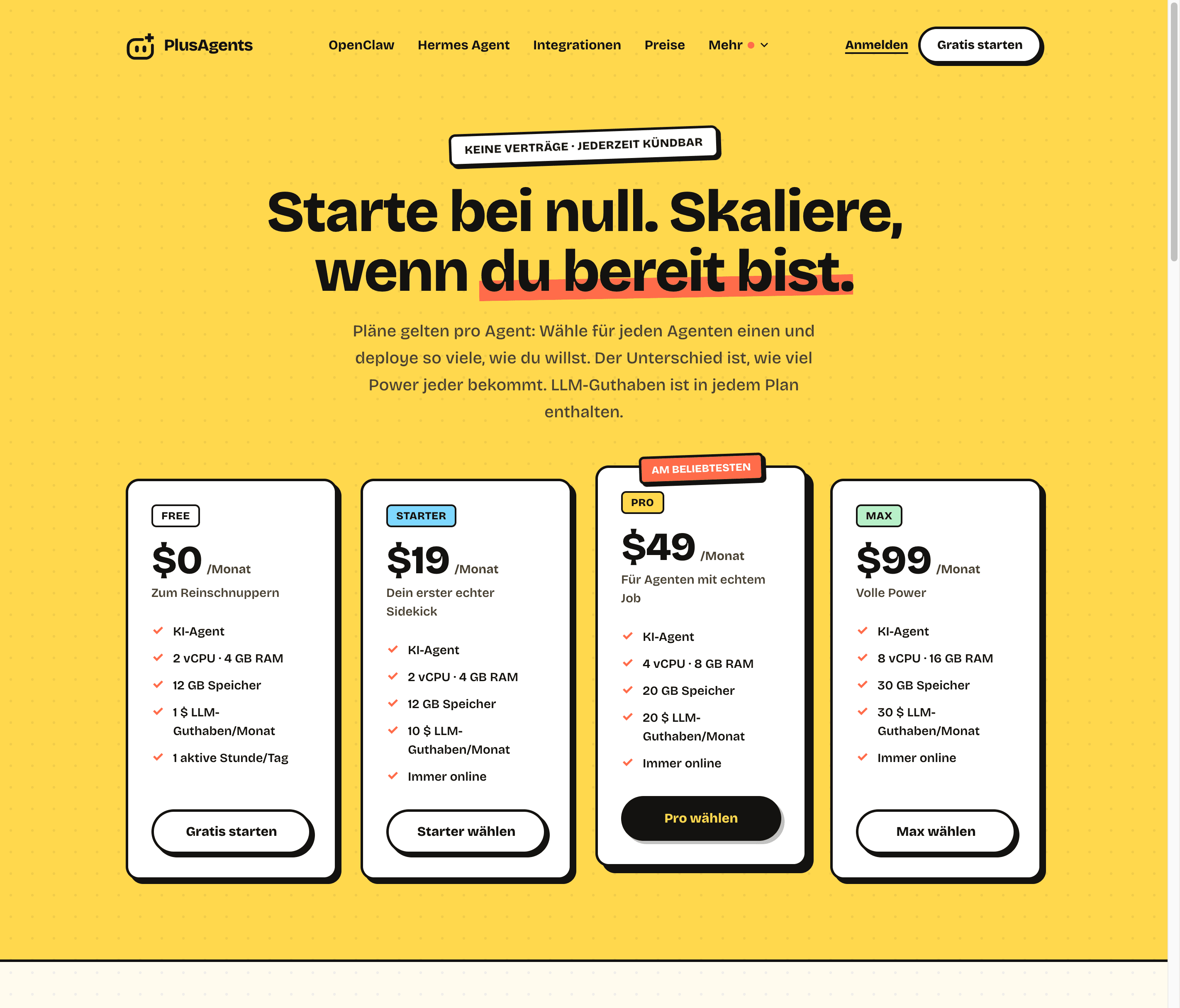 PlusAgents-Preise: Pläne für 0 $, 19 $, 49 $ und 99 $ pro Monat