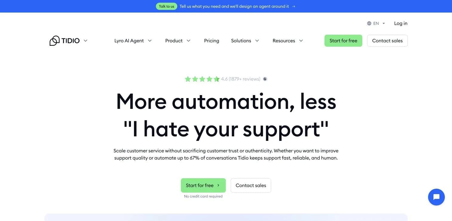 Screenshot of the Tidio homepage
