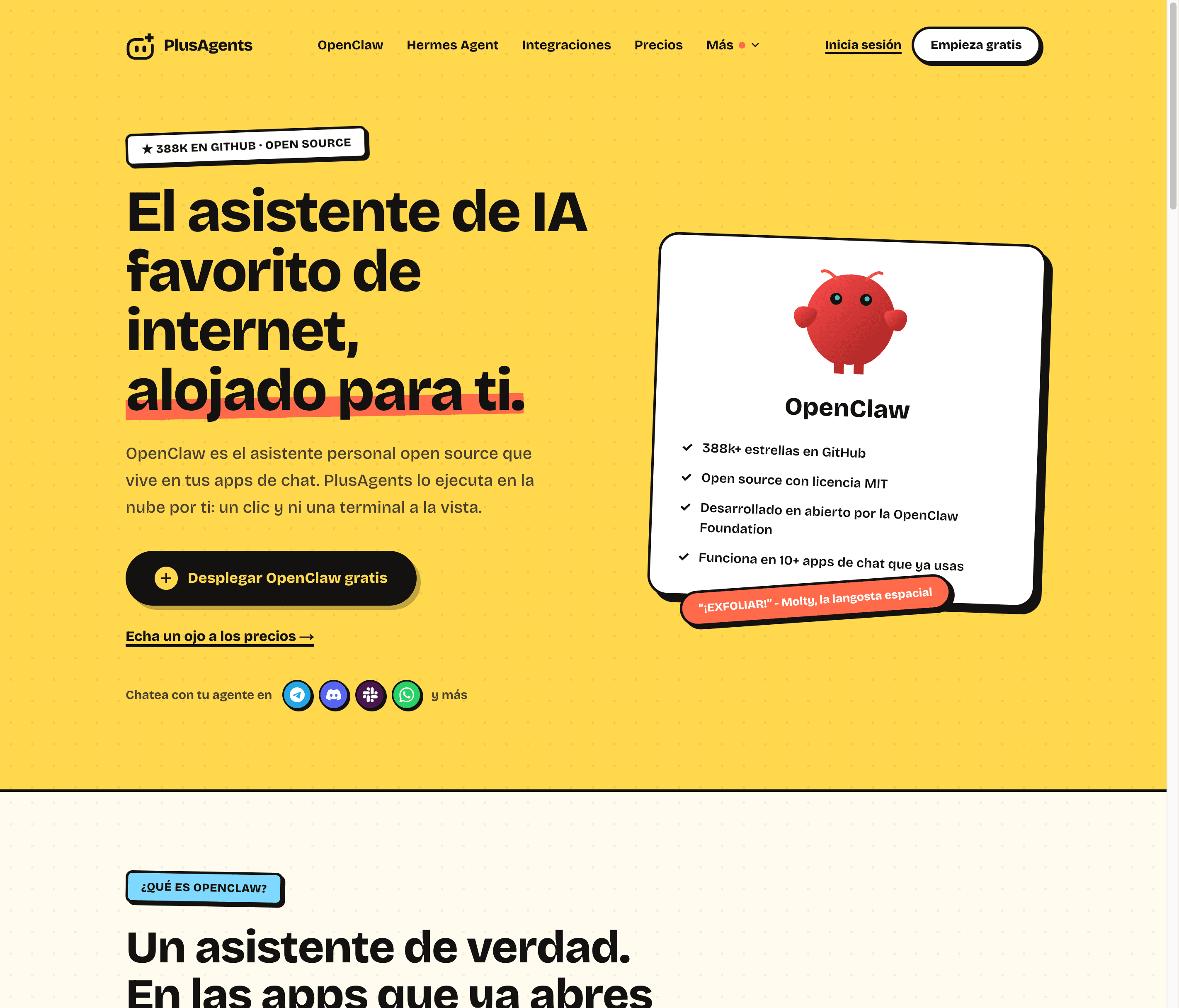 Página de OpenClaw en PlusAgents: el asistente de IA favorito de internet, alojado para ti