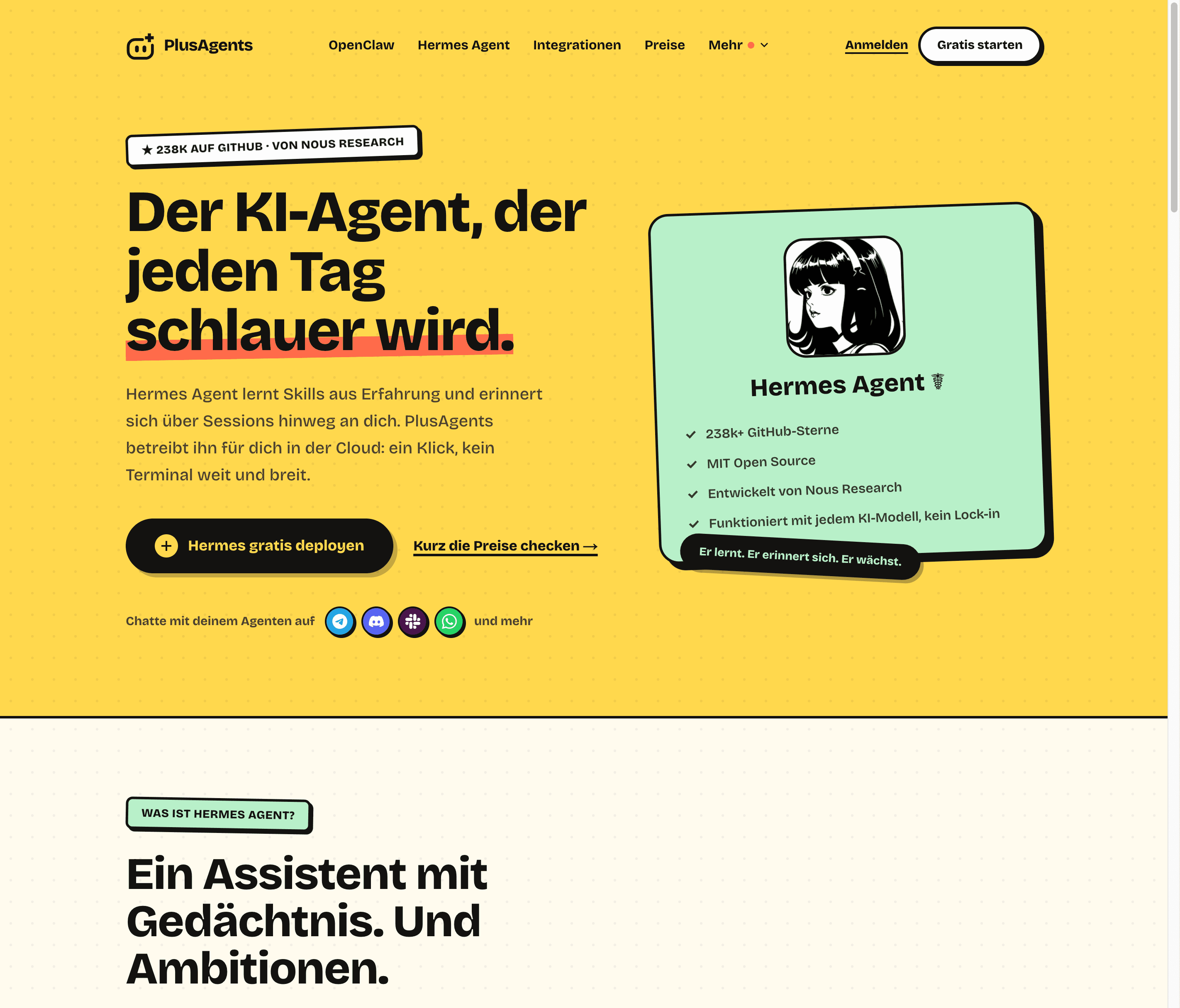 PlusAgents-Hermes-Agent-Seite: der KI-Agent, der jeden Tag schlauer wird