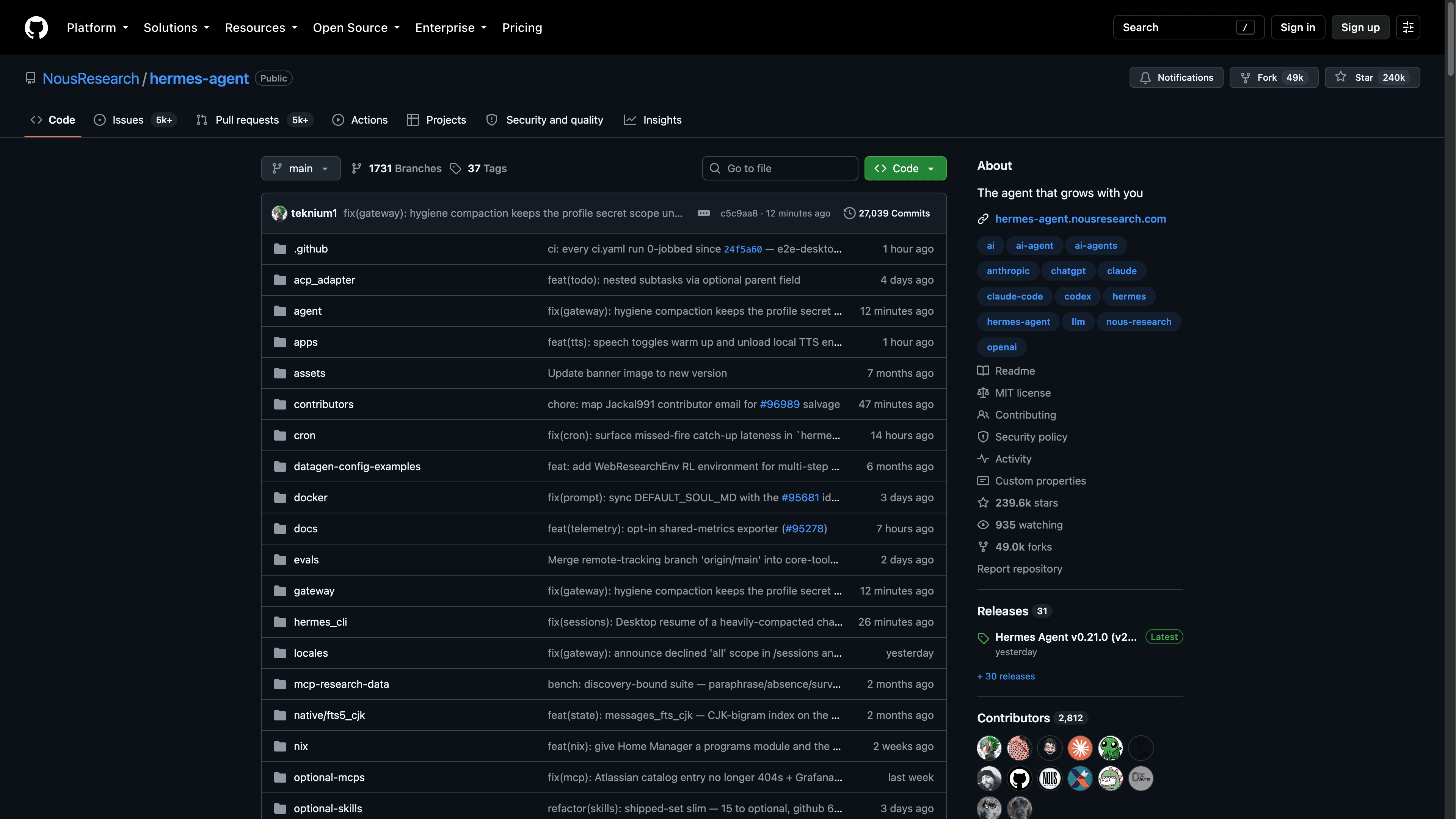 The NousResearch/hermes-agent GitHub repository showing 240k stars