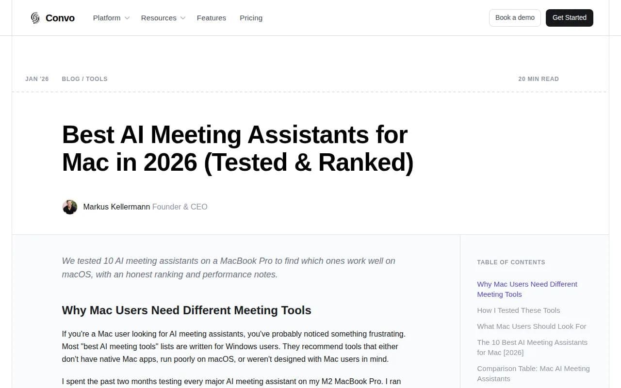 Screenshot of the Convo website