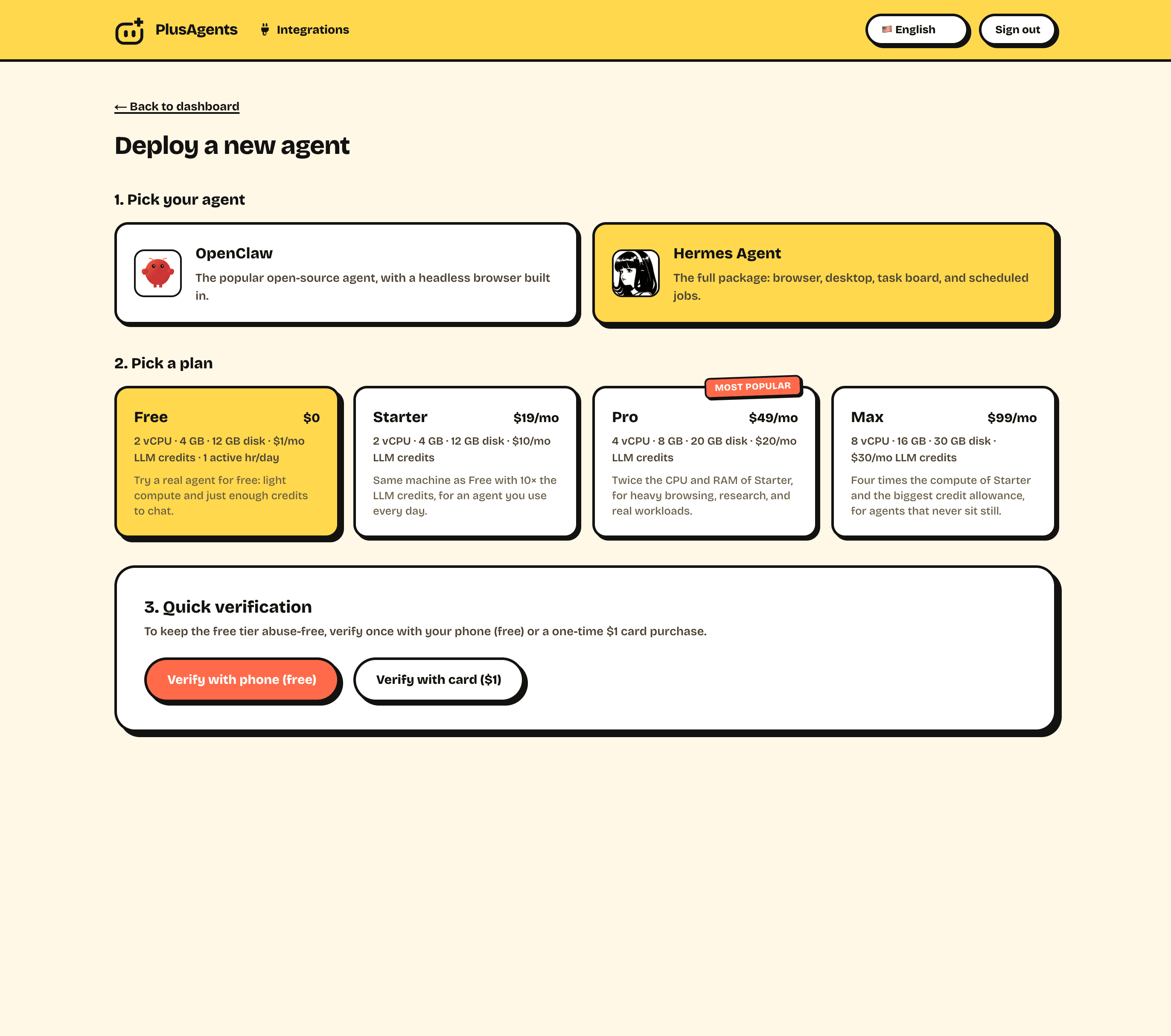 PlusAgents dashboard: deploying a new Hermes Agent
