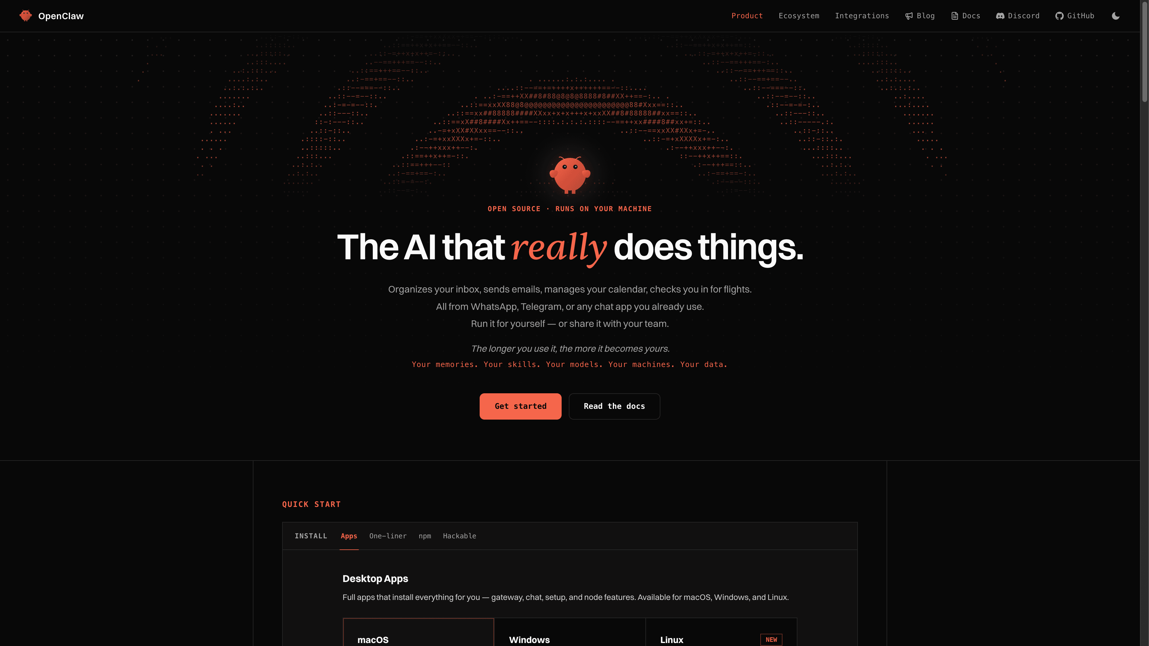 OpenClaw homepage with the tagline: The AI that really does things