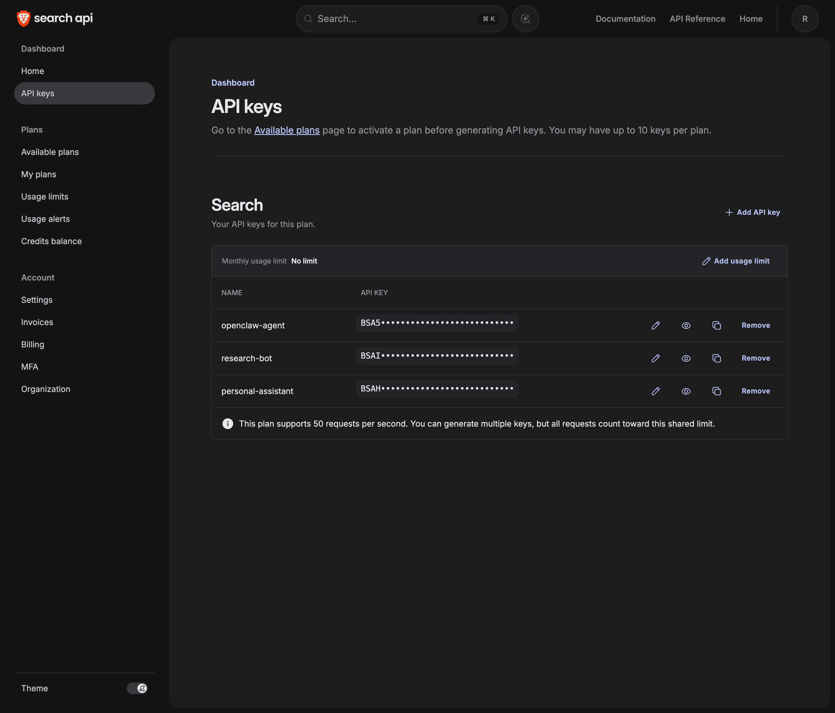 Painel da API do Brave Search: gerando uma chave de API