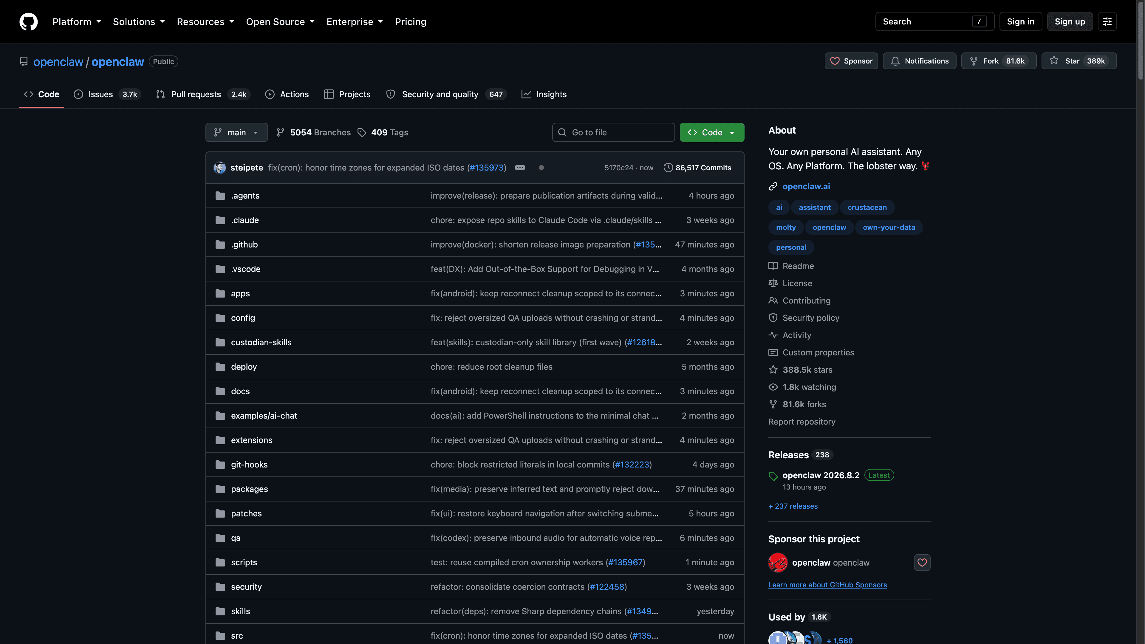 OpenClaw GitHub repository with 388k stars