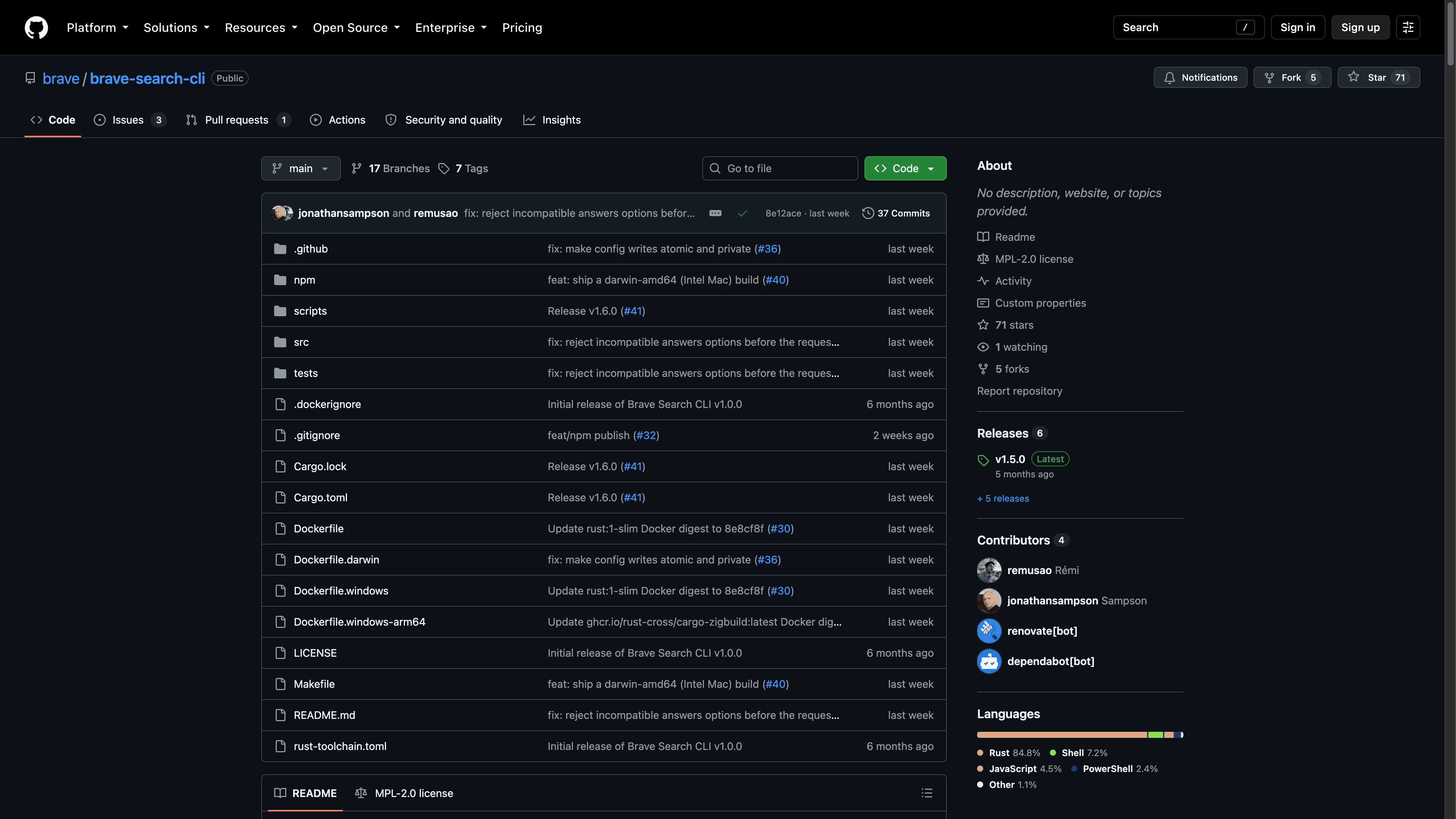 O repositório brave/brave-search-cli no GitHub