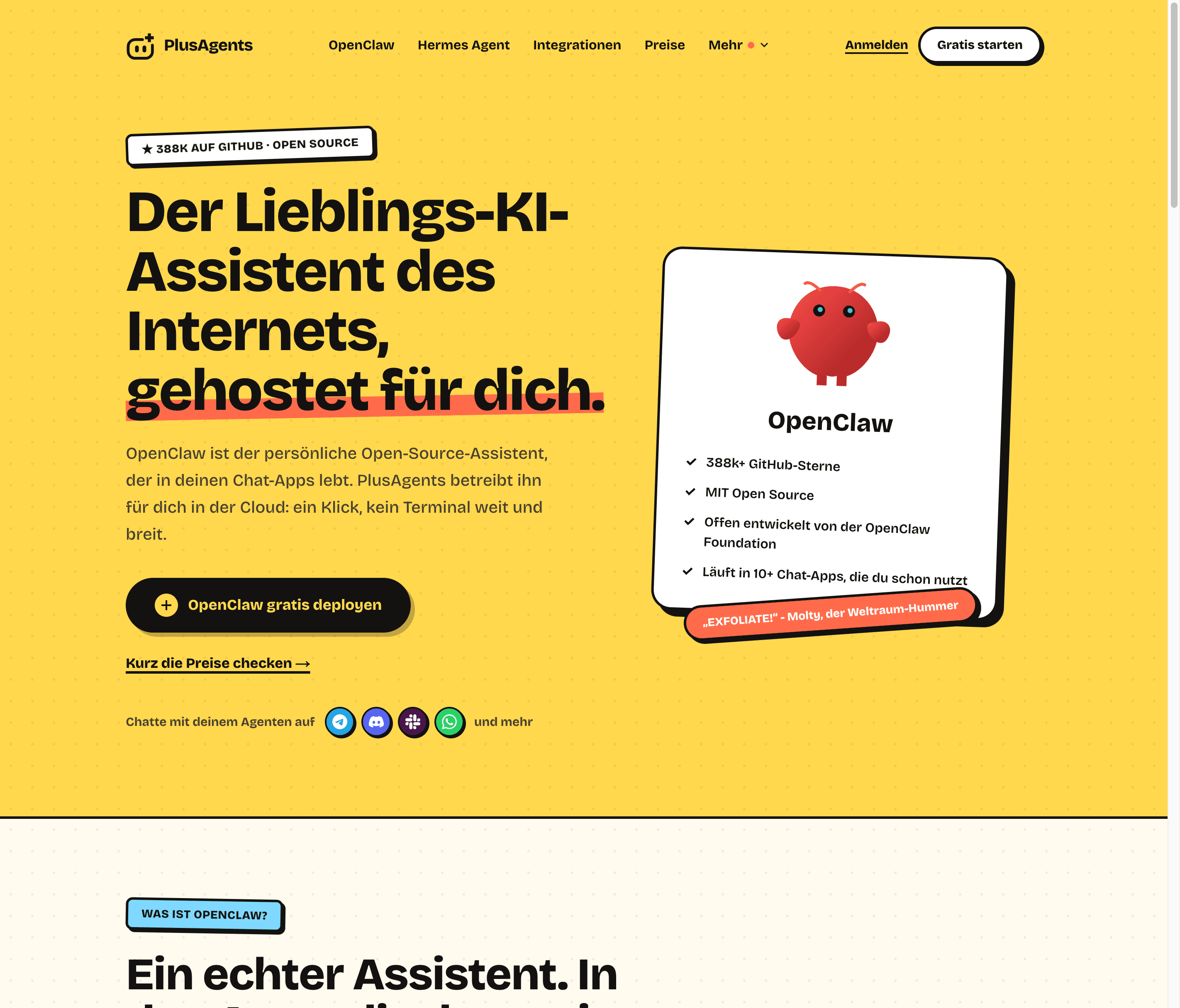 PlusAgents-OpenClaw-Seite: der Lieblings-KI-Assistent des Internets, gehostet für dich