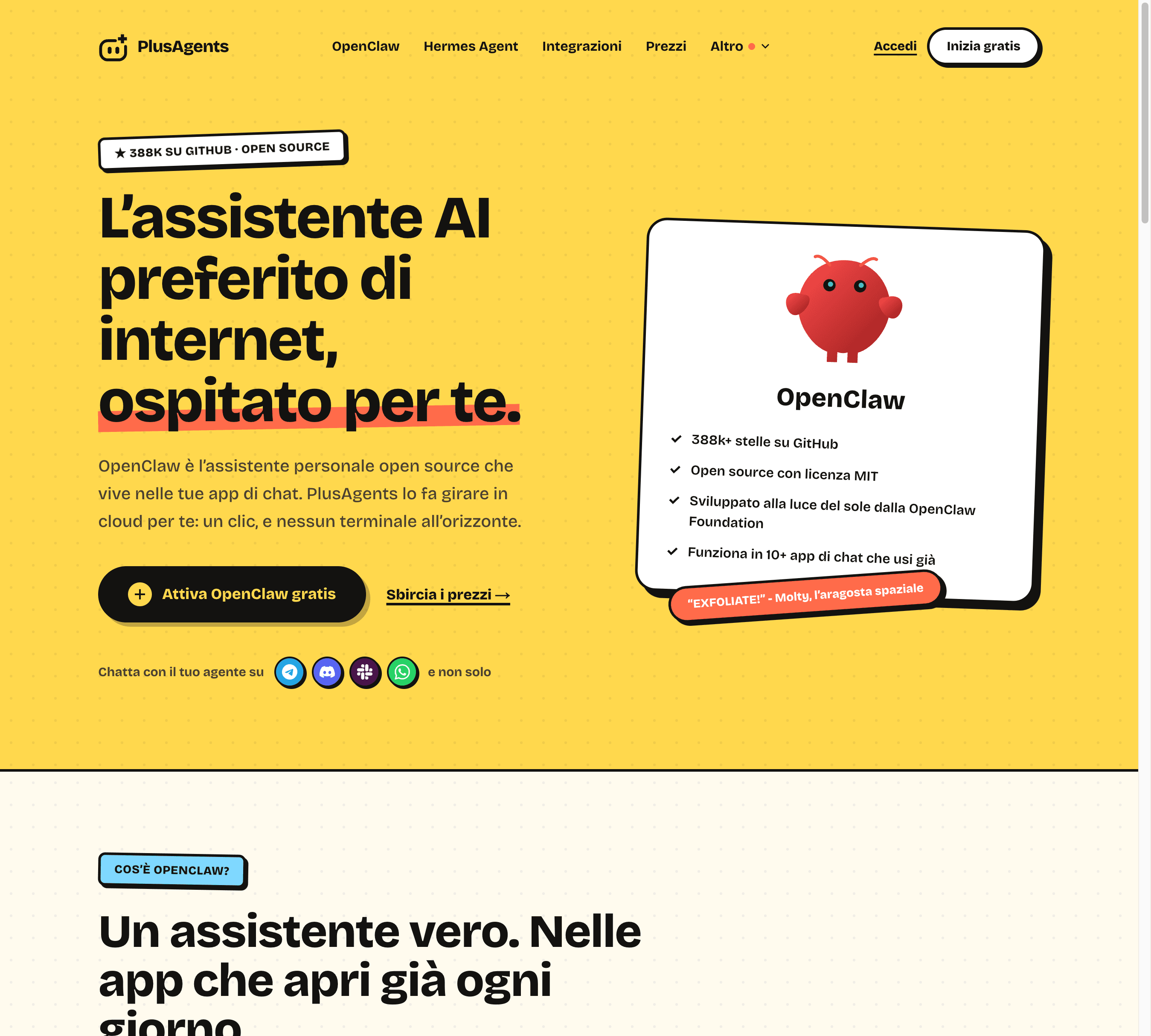 La pagina OpenClaw di PlusAgents: l’assistente AI preferito di internet, ospitato per te