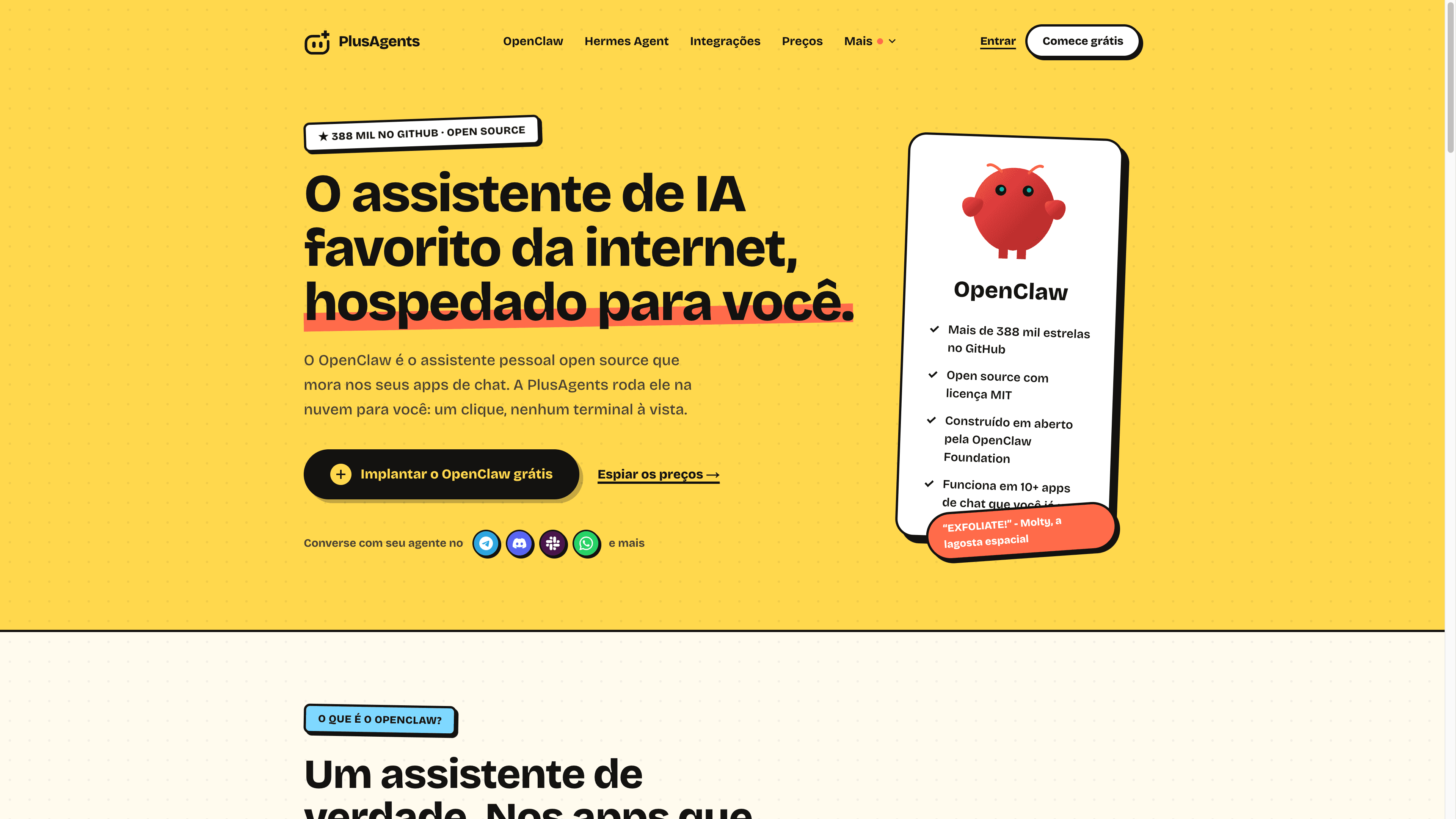 Página do OpenClaw na PlusAgents: o assistente de IA favorito da internet, hospedado para você