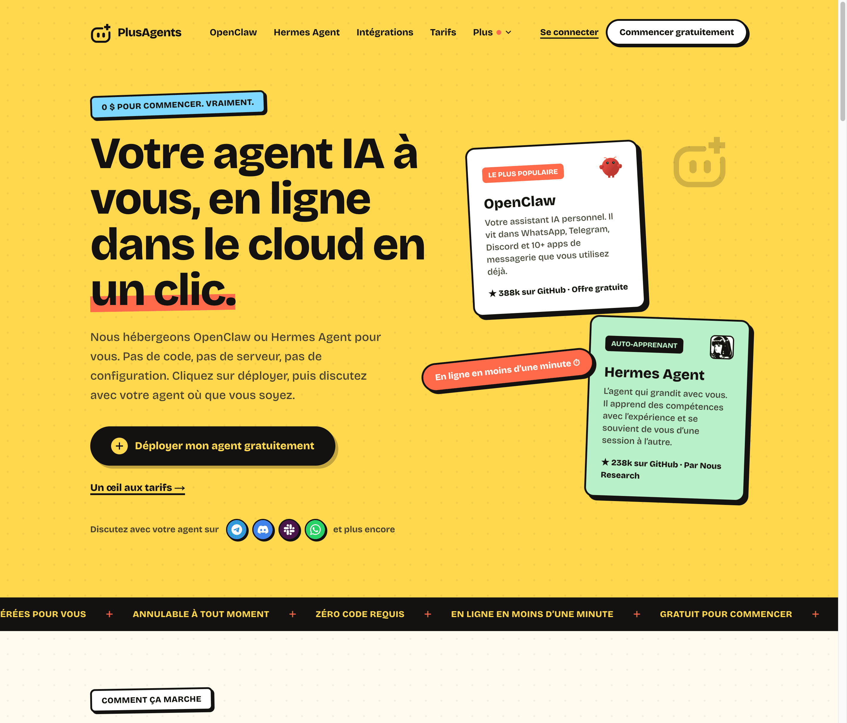 La page d’accueil de PlusAgents : déployez OpenClaw ou Hermes Agent en un clic