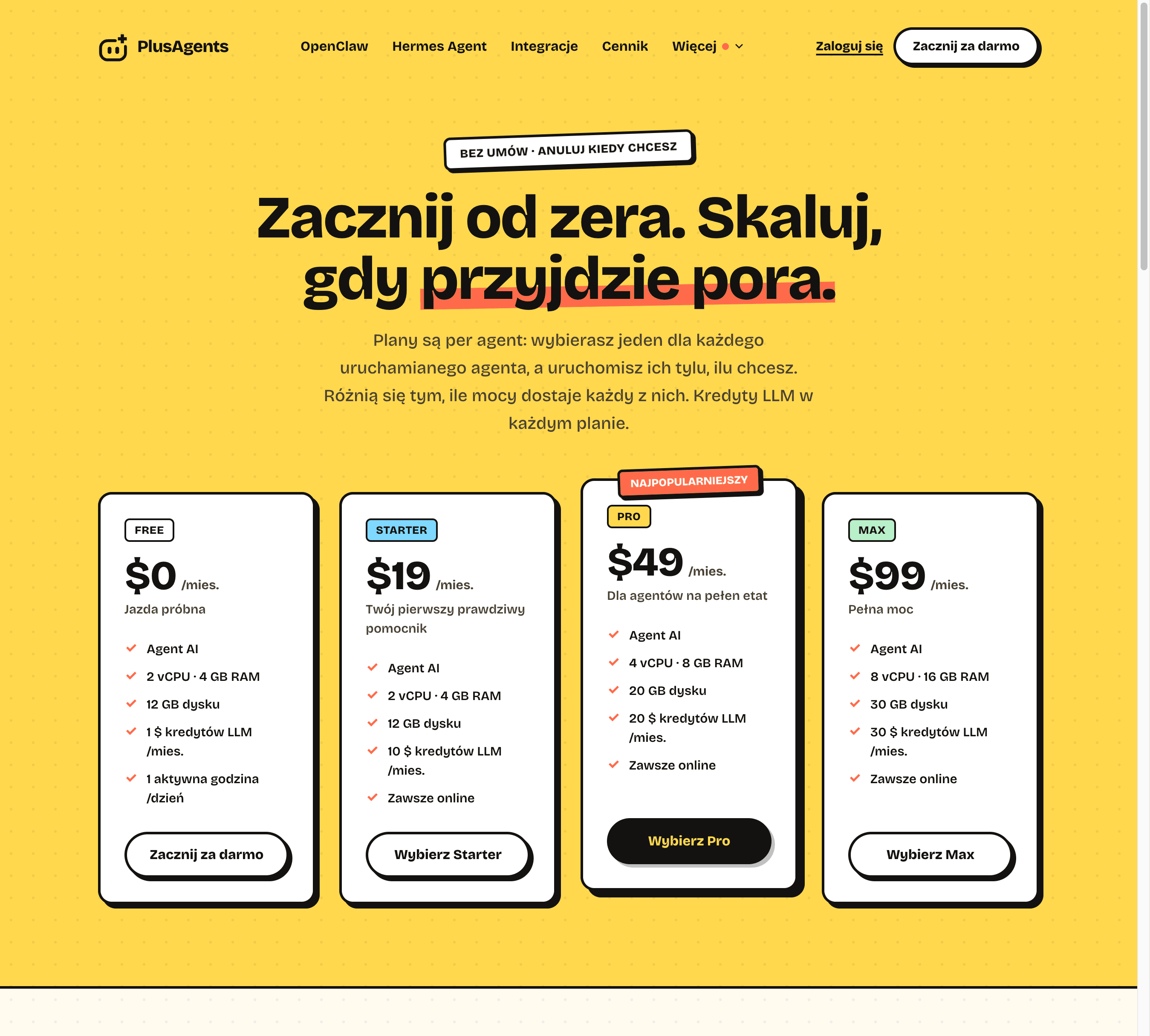 Cennik PlusAgents: plany darmowy, 19 $, 49 $ i 99 $ miesięcznie