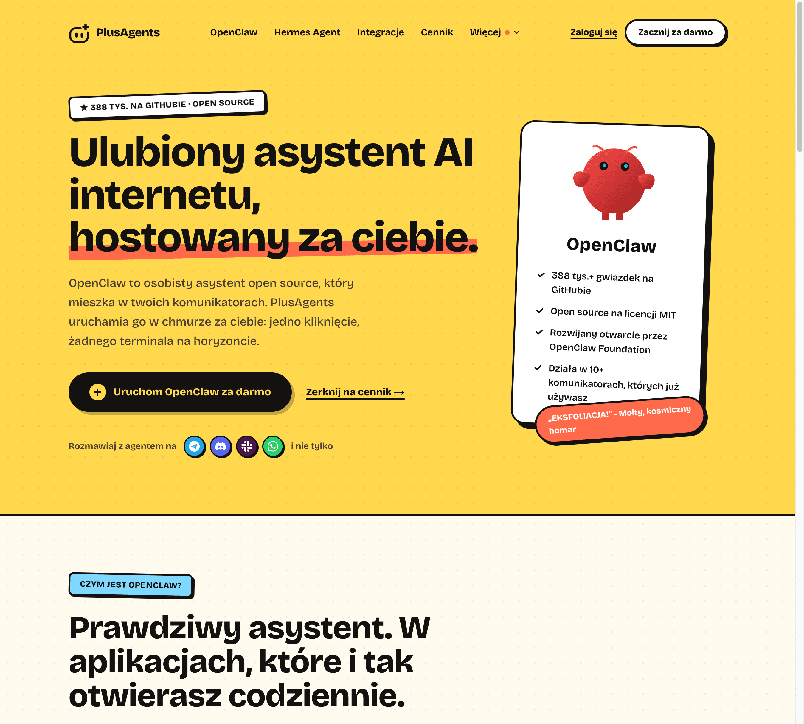 Strona OpenClaw na PlusAgents: ulubiony asystent AI internetu, hostowany za ciebie