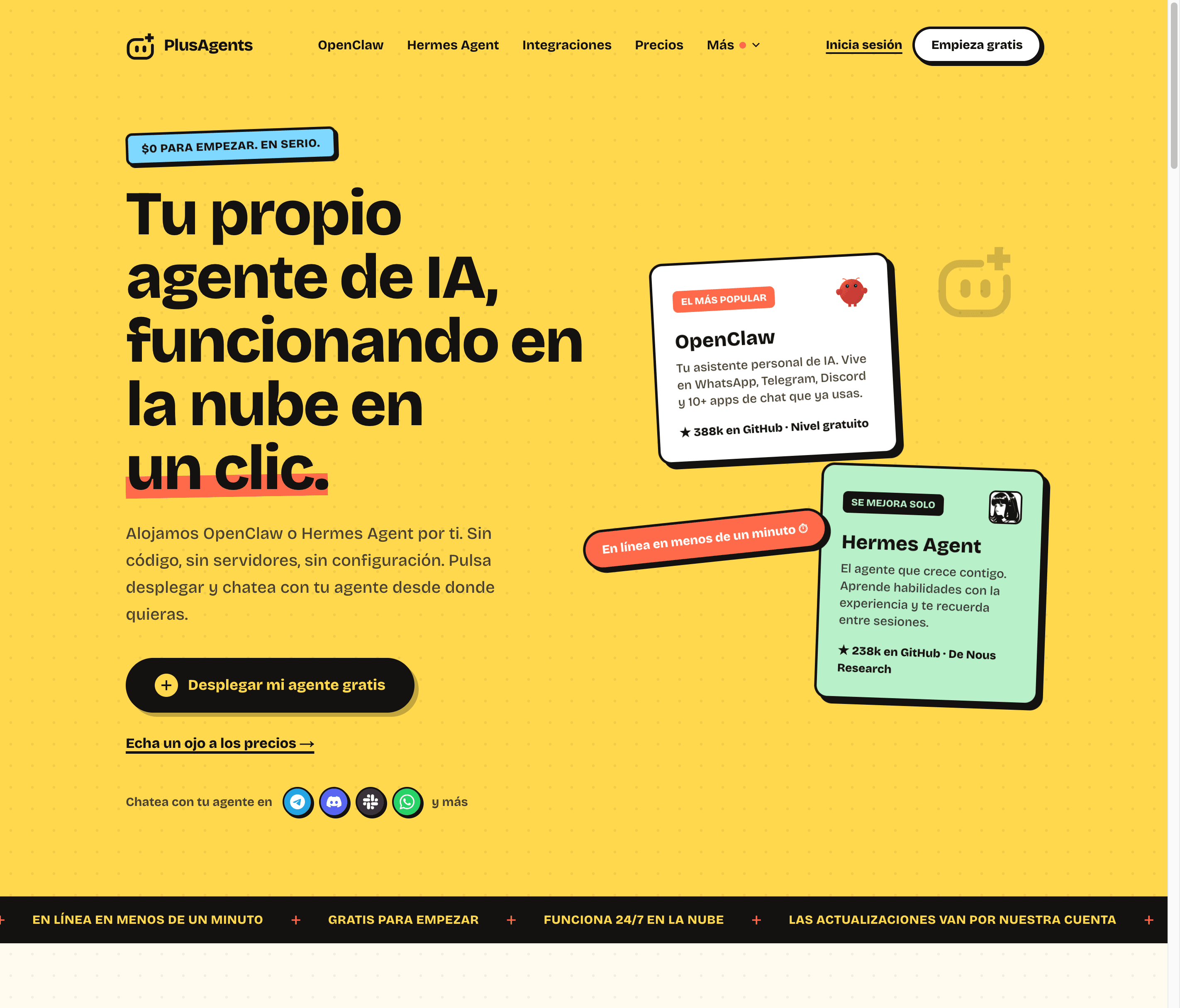 Página de inicio de PlusAgents: despliega OpenClaw o Hermes Agent en un clic