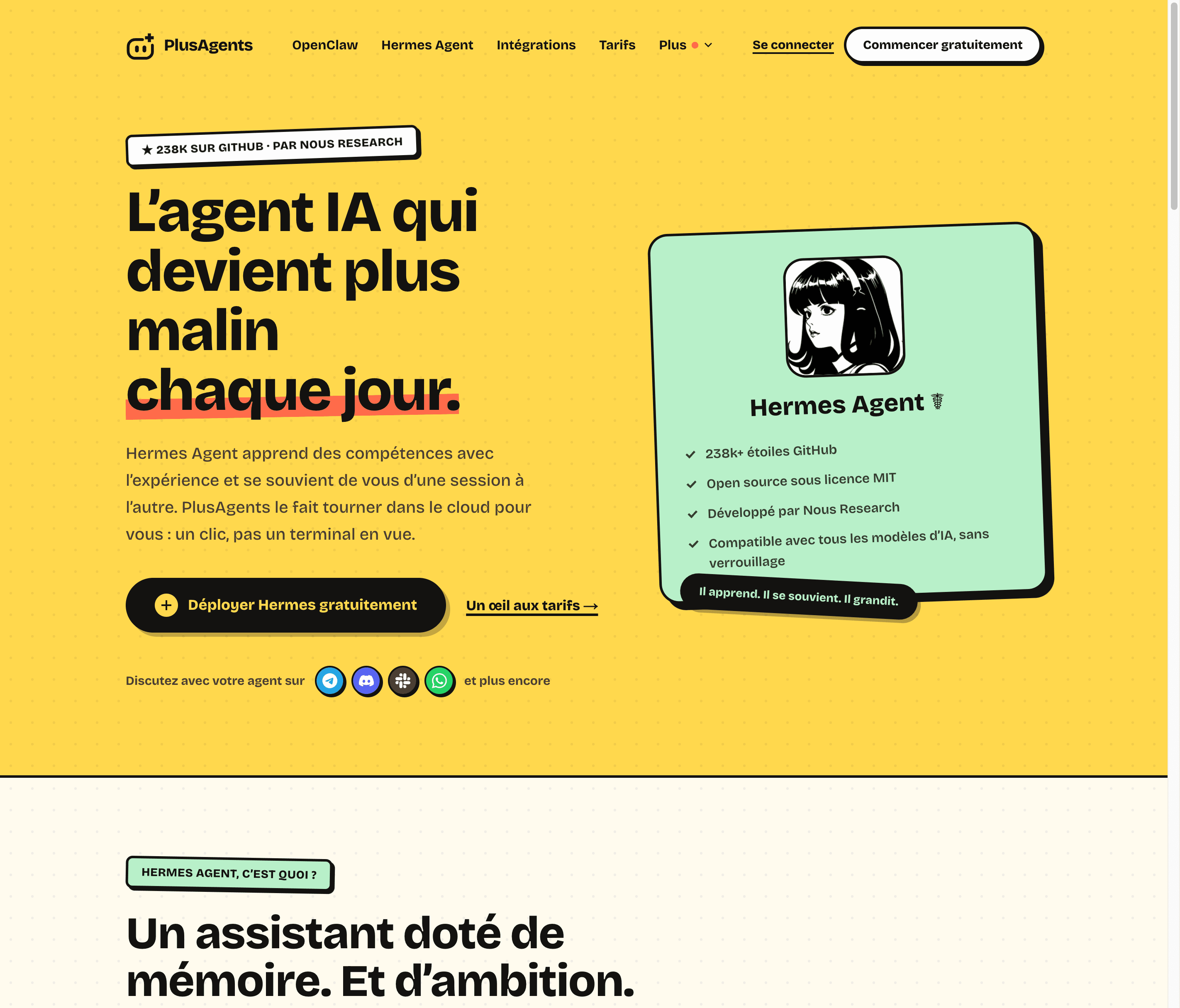 La page Hermes Agent de PlusAgents : l’agent IA qui devient plus malin chaque jour